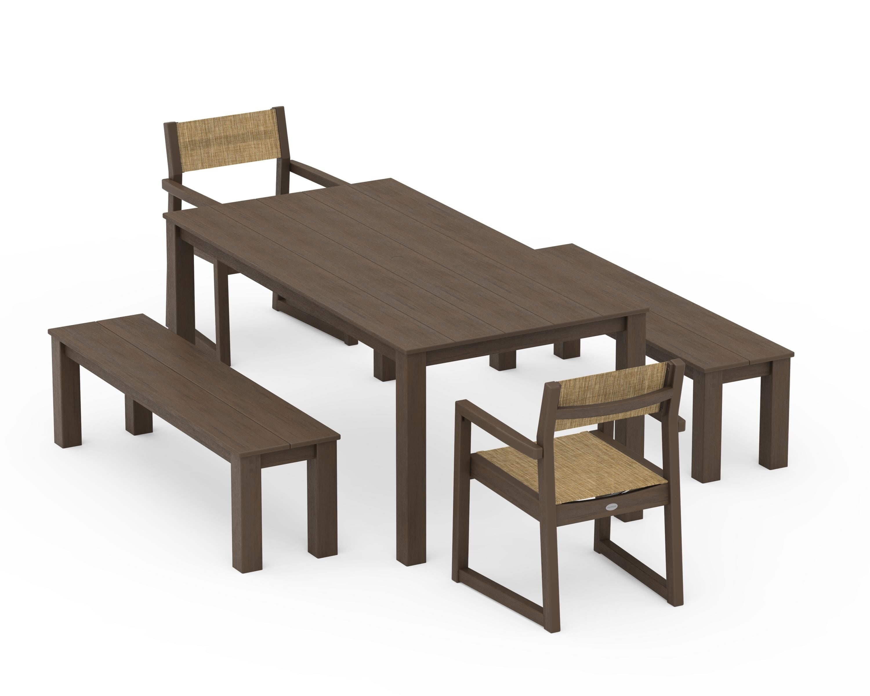 POLYWOOD EDGE Sling Arm Chair 5-Piece Parsons Dining Set with Benches in Kona / Burlap Sling
