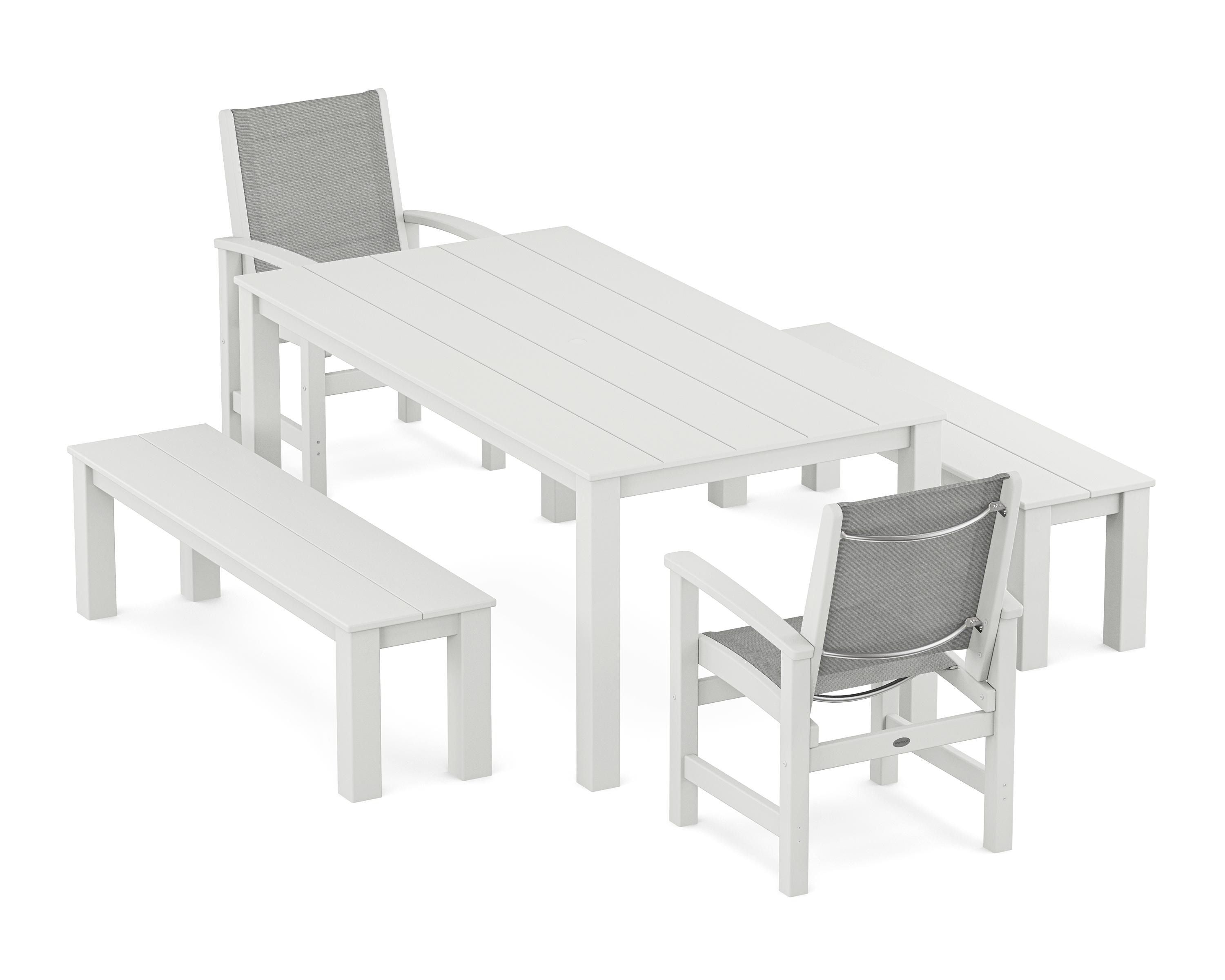 POLYWOOD Coastal 5-Piece Parsons Dining Set with Benches in White / Metallic Sling