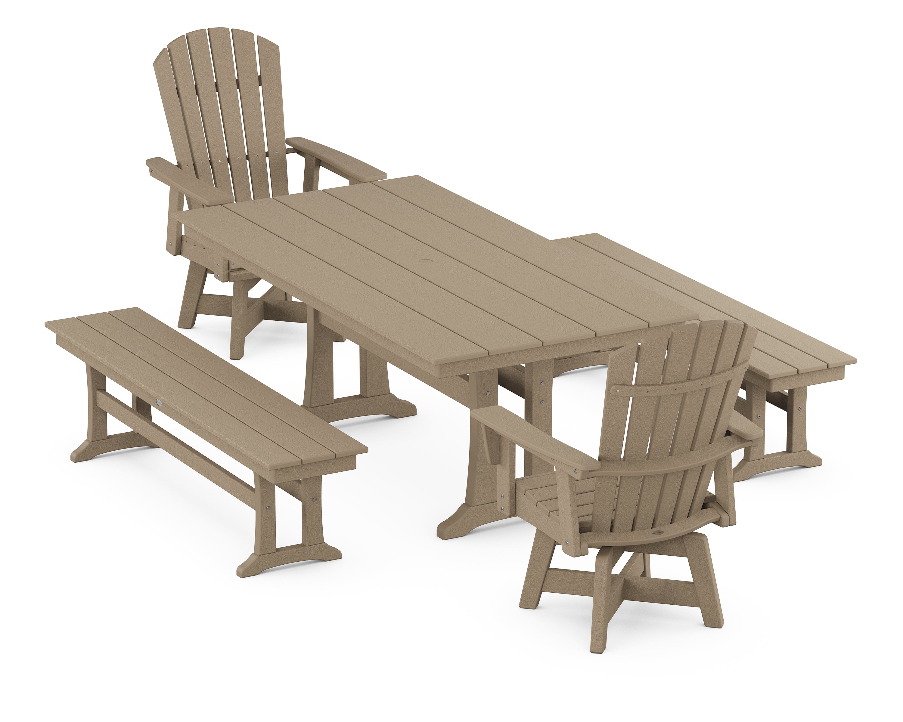 POLYWOOD® Nautical Curveback Adirondack Swivel Chair 5-Piece Farmhouse Dining Set With Trestle Legs and Benches in Vintage Sahara
