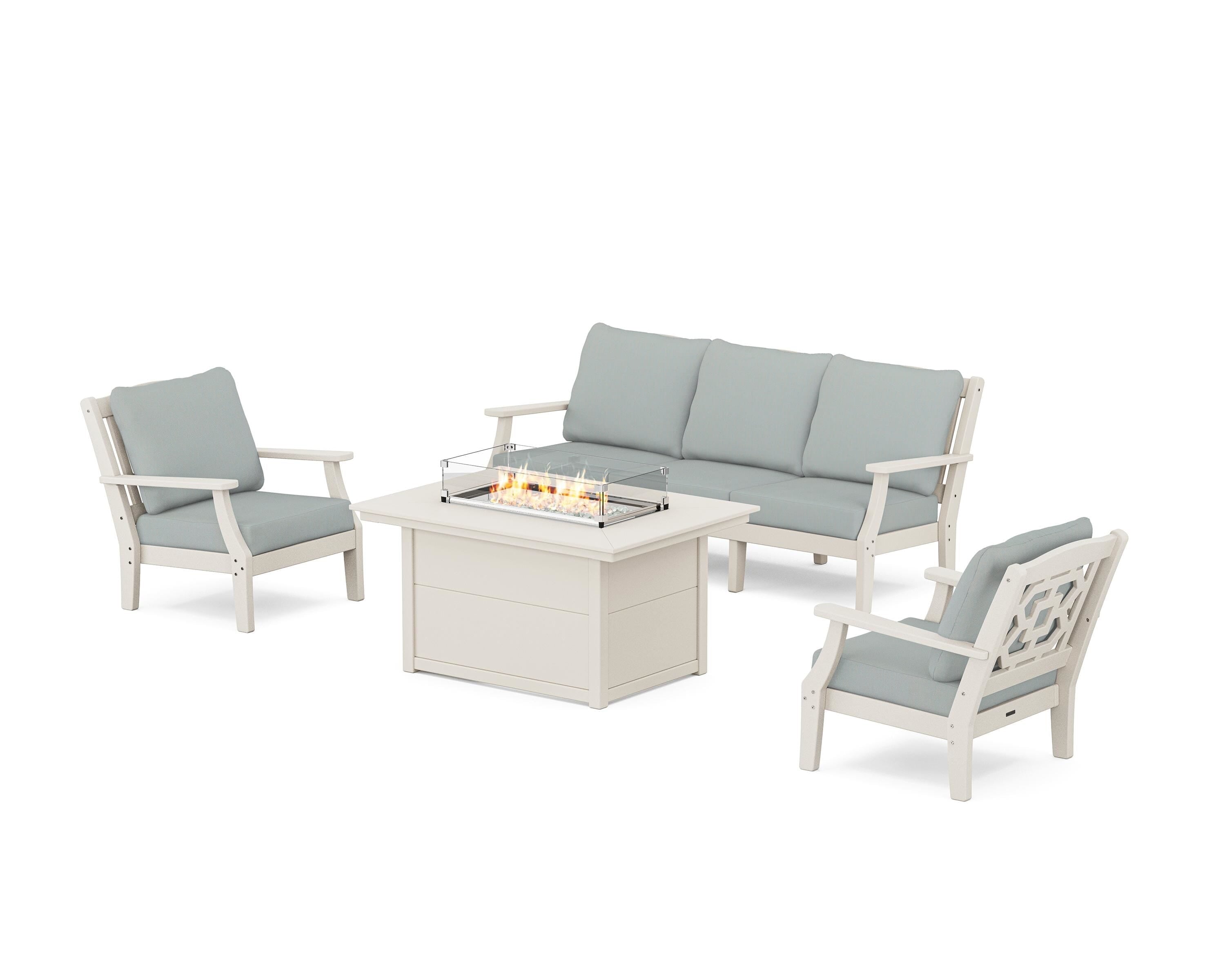 Martha Stewart by POLYWOOD Chinoiserie Deep Seating Fire Pit Table Set in Sand / Spa