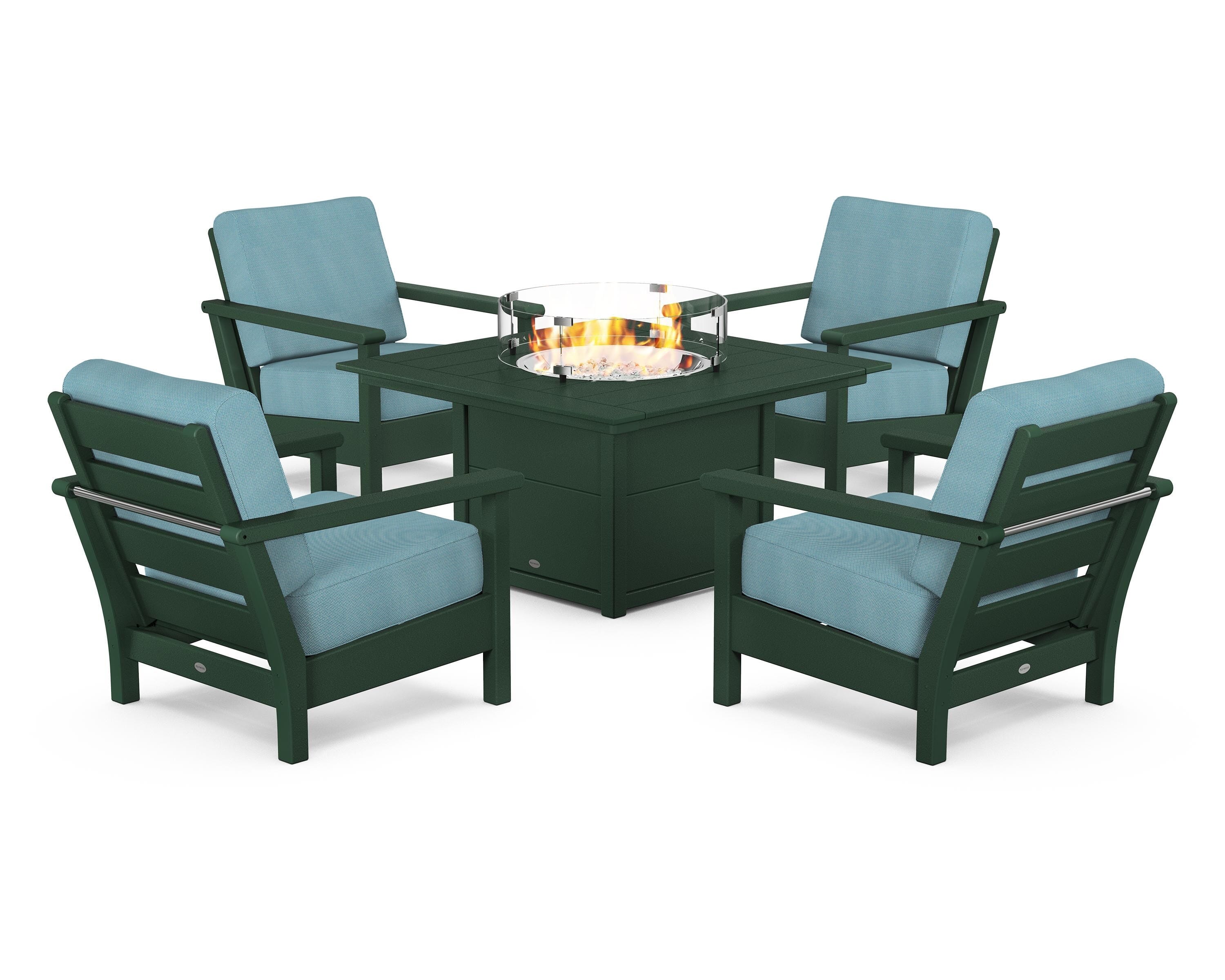 POLYWOOD Harbour 5-Piece Conversation Set with Fire Pit Table in Green / Lattice Sky Blue