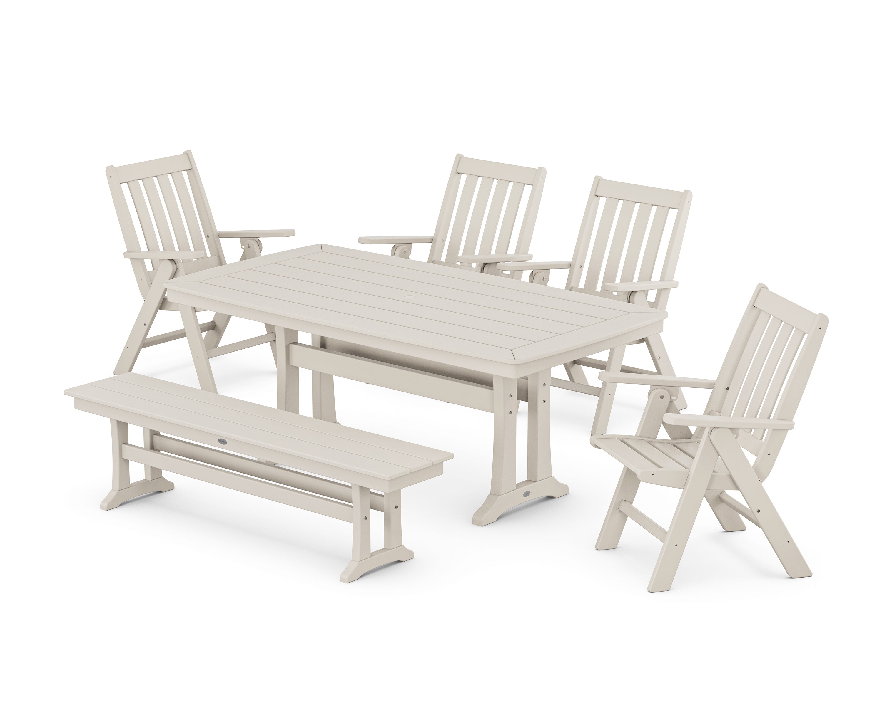 POLYWOOD Vineyard Folding Chair 6-Piece Dining Set with Trestle Legs and Bench in Sand