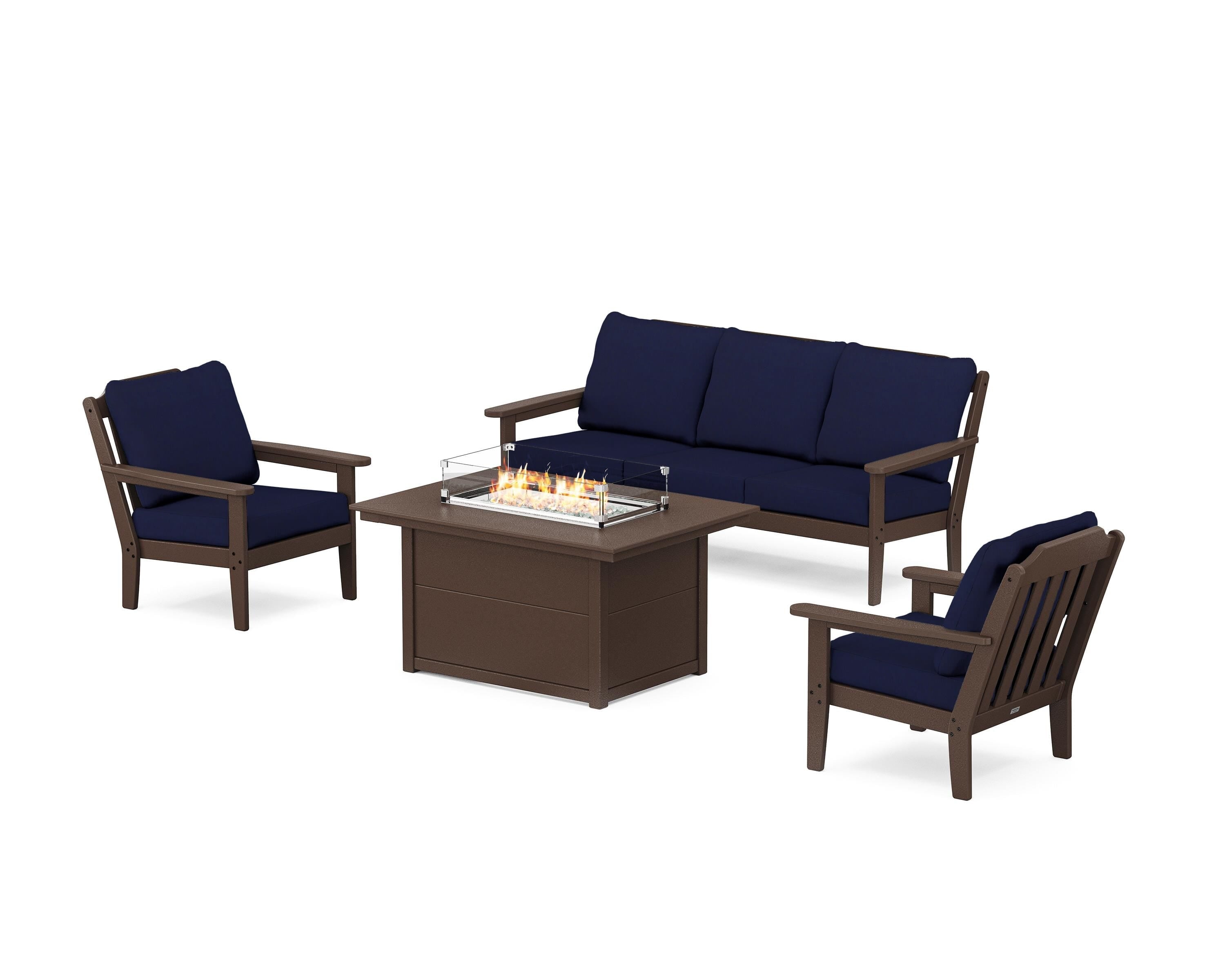 Country Living Cottage Deep Seating Fire Pit Table Set in Mahogany / Navy