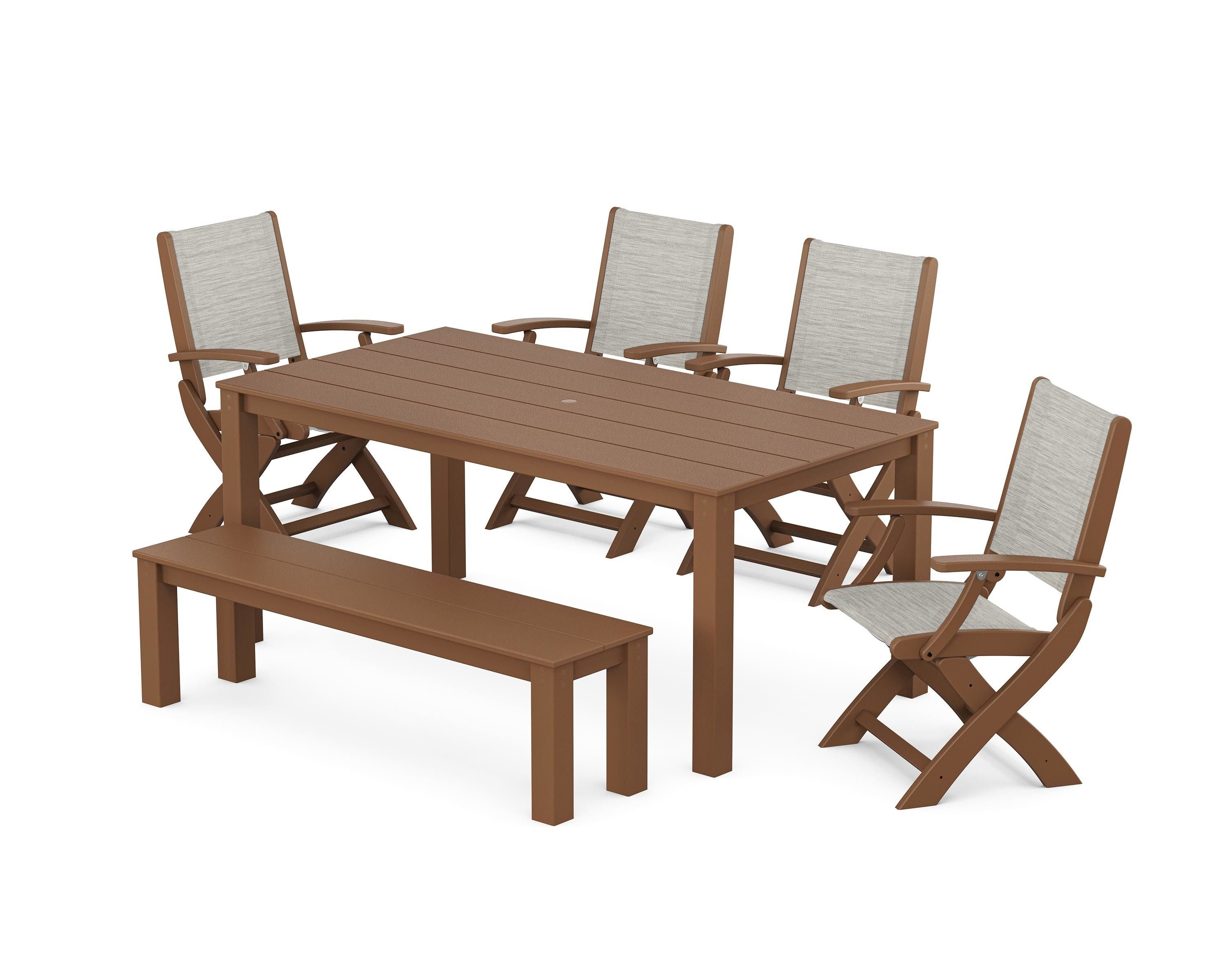 POLYWOOD Coastal Folding Chair 6-Piece Parsons Dining Set with Bench in Teak / Birch Sling