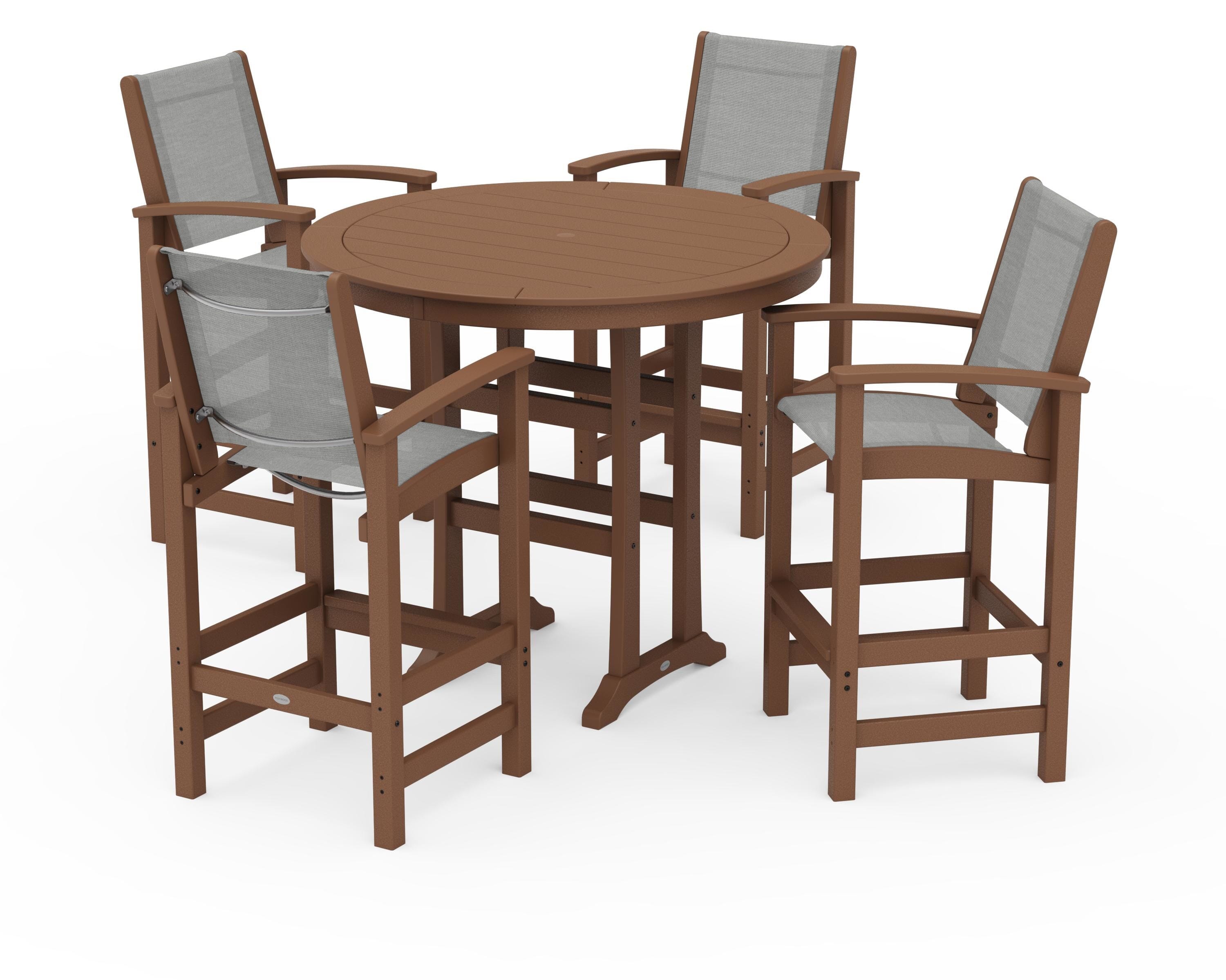 POLYWOOD Coastal 5-Piece Nautical Trestle Bar Set in Teak / Metallic Sling