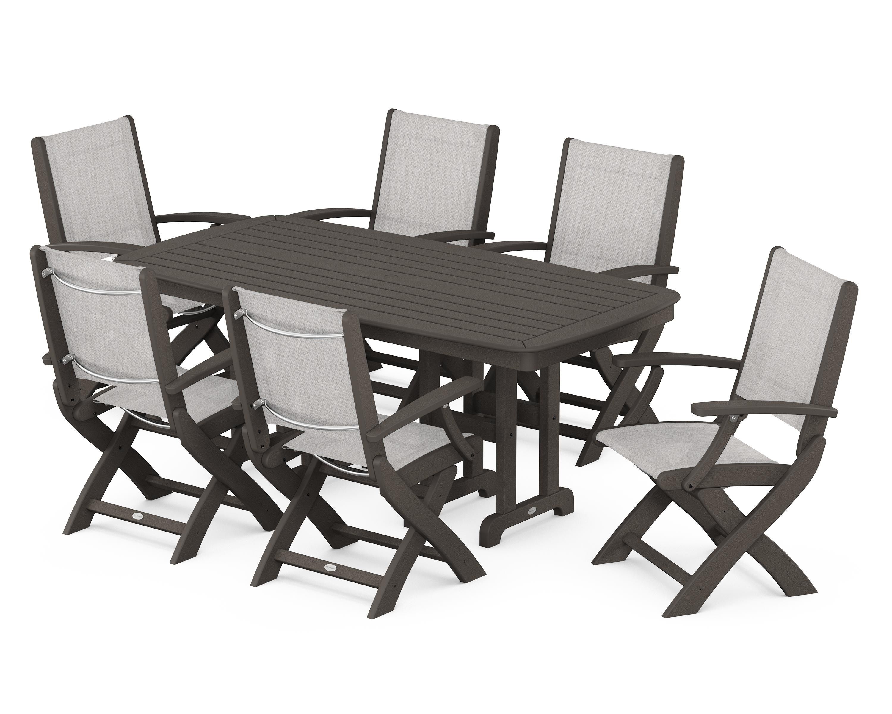 POLYWOOD Coastal Folding Arm Chair 7-Piece Dining Set in Vintage Coffee / Parchment Sling