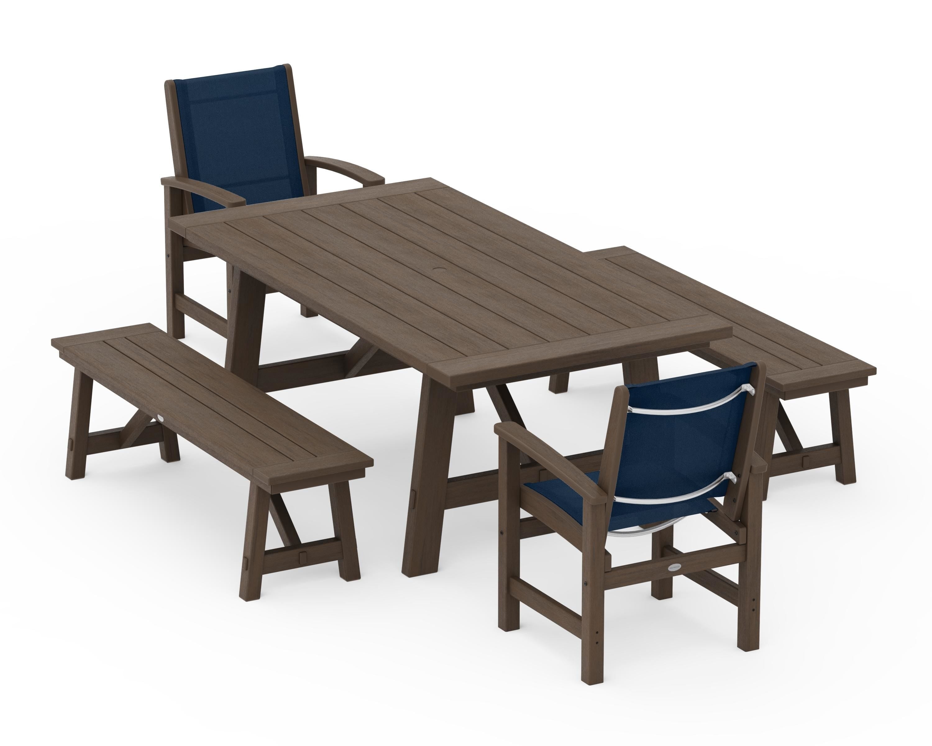 POLYWOOD Coastal 5-Piece Rustic Farmhouse Dining Set With Benches in Kona / Navy Blue Sling