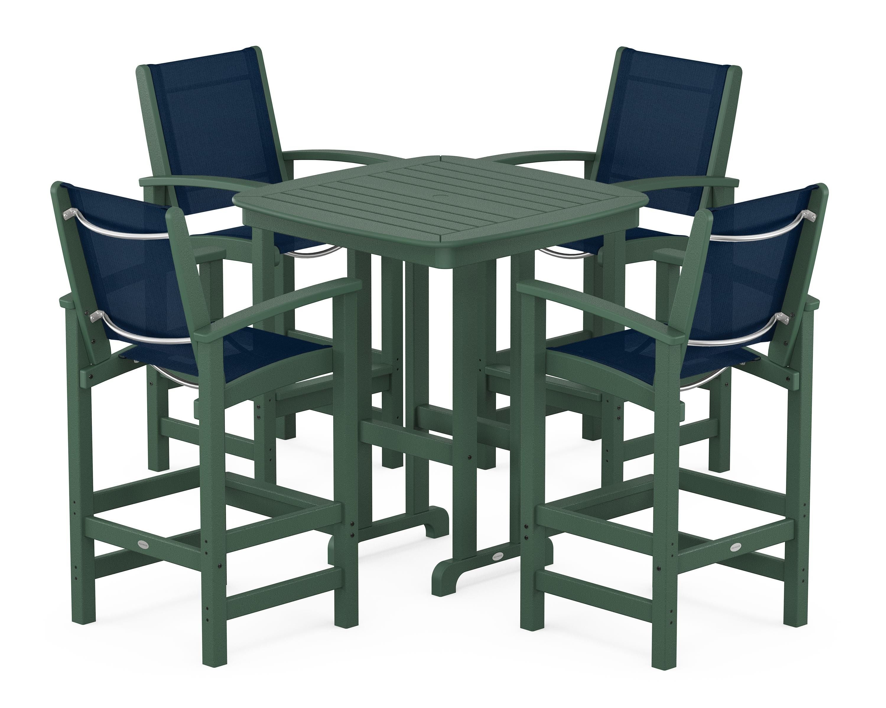 POLYWOOD Coastal 5-Piece Bar Set in Green / Navy Blue Sling