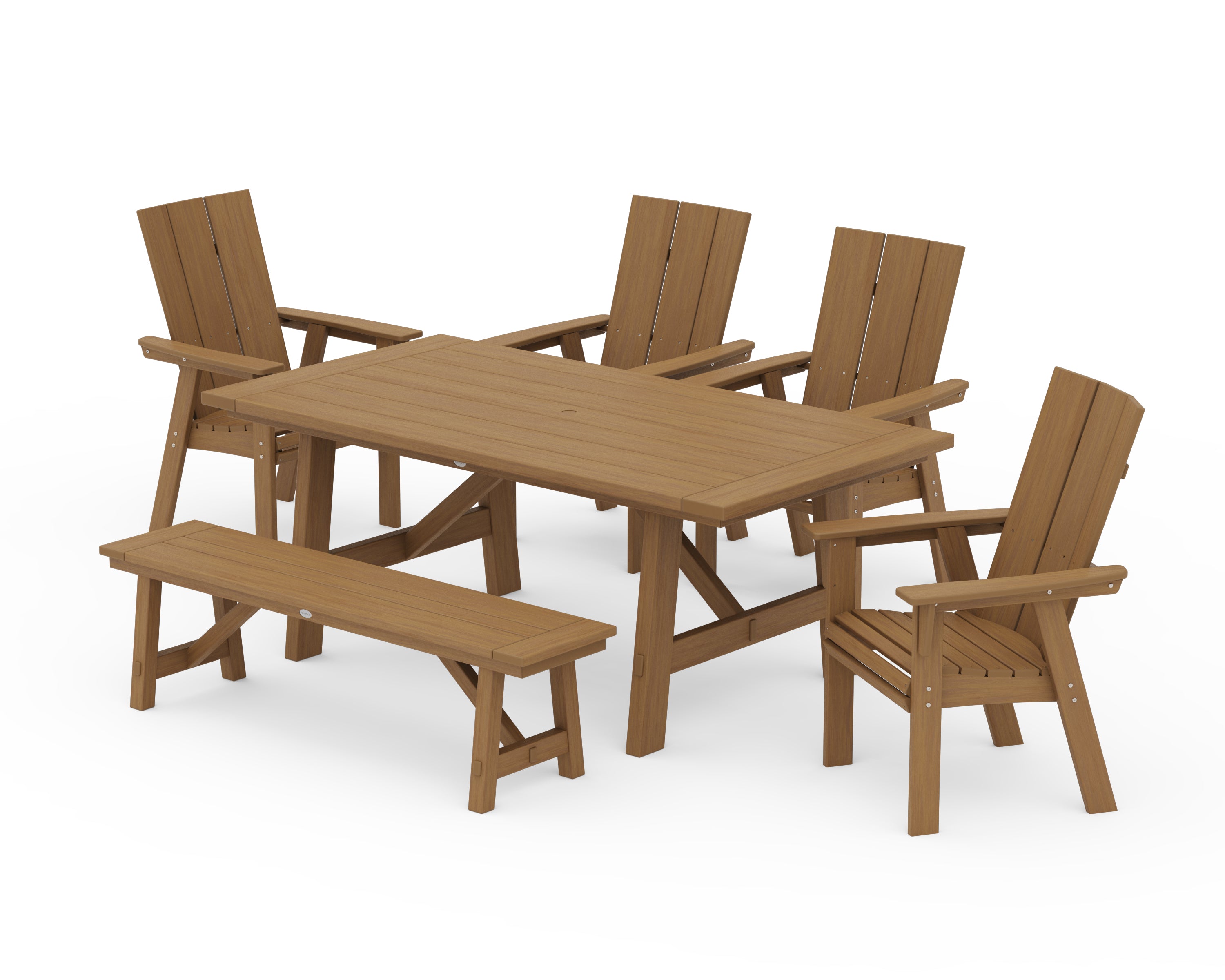 POLYWOOD Modern Curveback Adirondack 6-Piece Rustic Farmhouse Dining Set with Bench in Natural