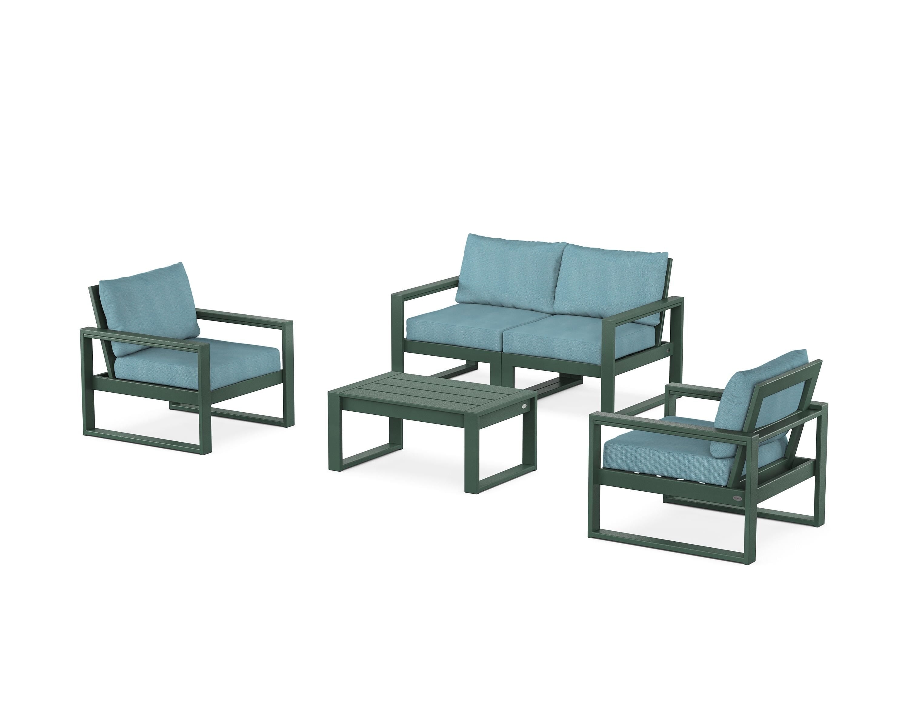 POLYWOOD EDGE Sectional 4-Piece Deep Seating Set with Loveseat in Green / Lattice Sky Blue