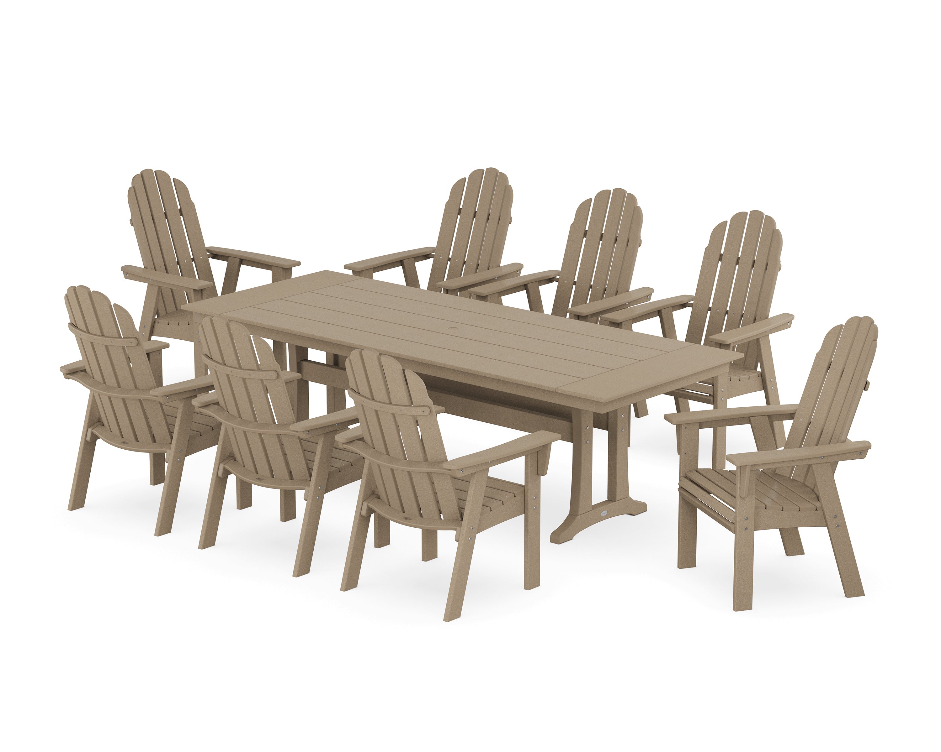 POLYWOOD® Vineyard 9-Piece Curveback Adirondack Farmhouse Dining Set with Trestle Legs in Vintage Sahara