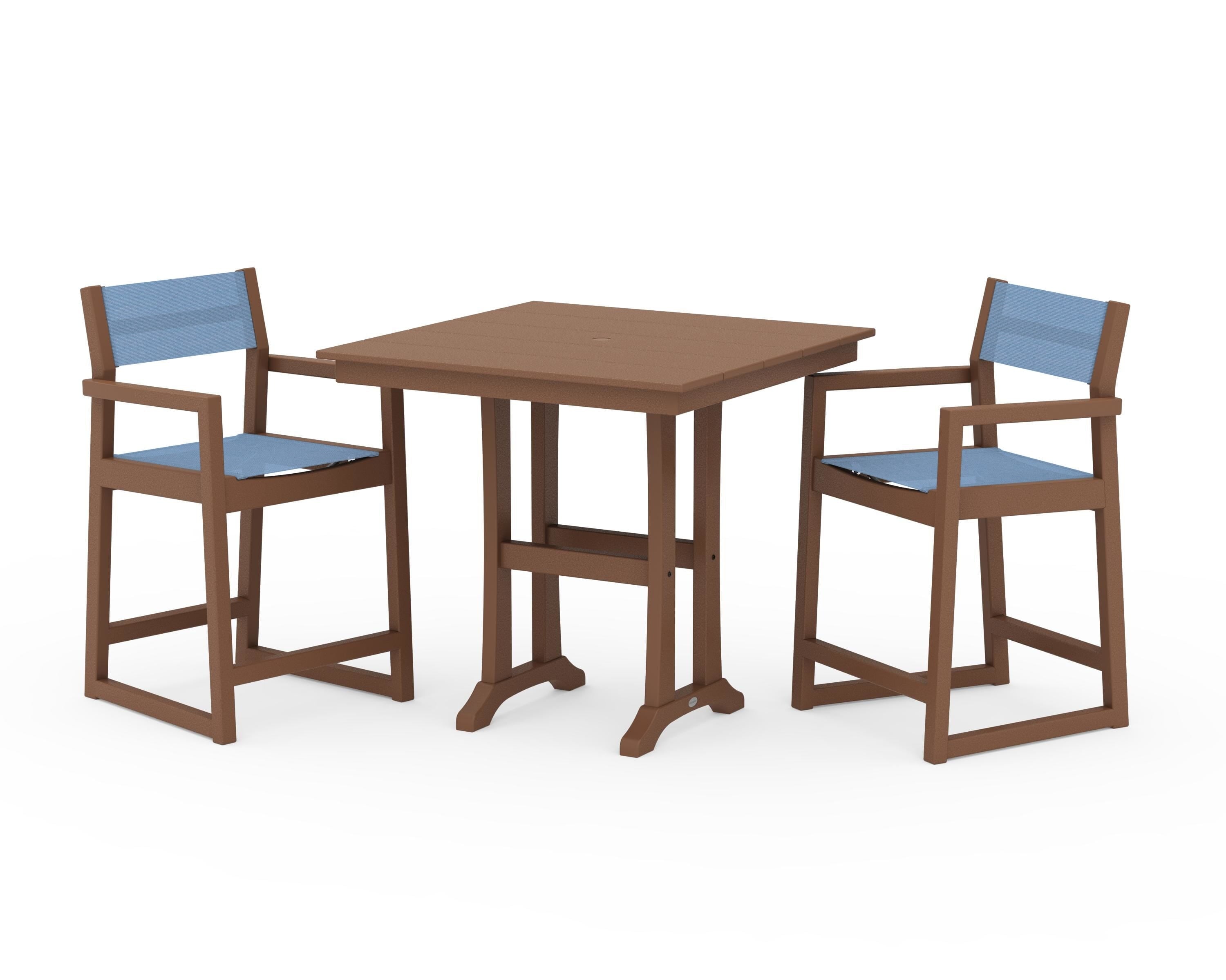 POLYWOOD EDGE Sling Arm Chair 3-Piece Farmhouse Counter Set with Trestle Legs in Teak / Poolside Sling