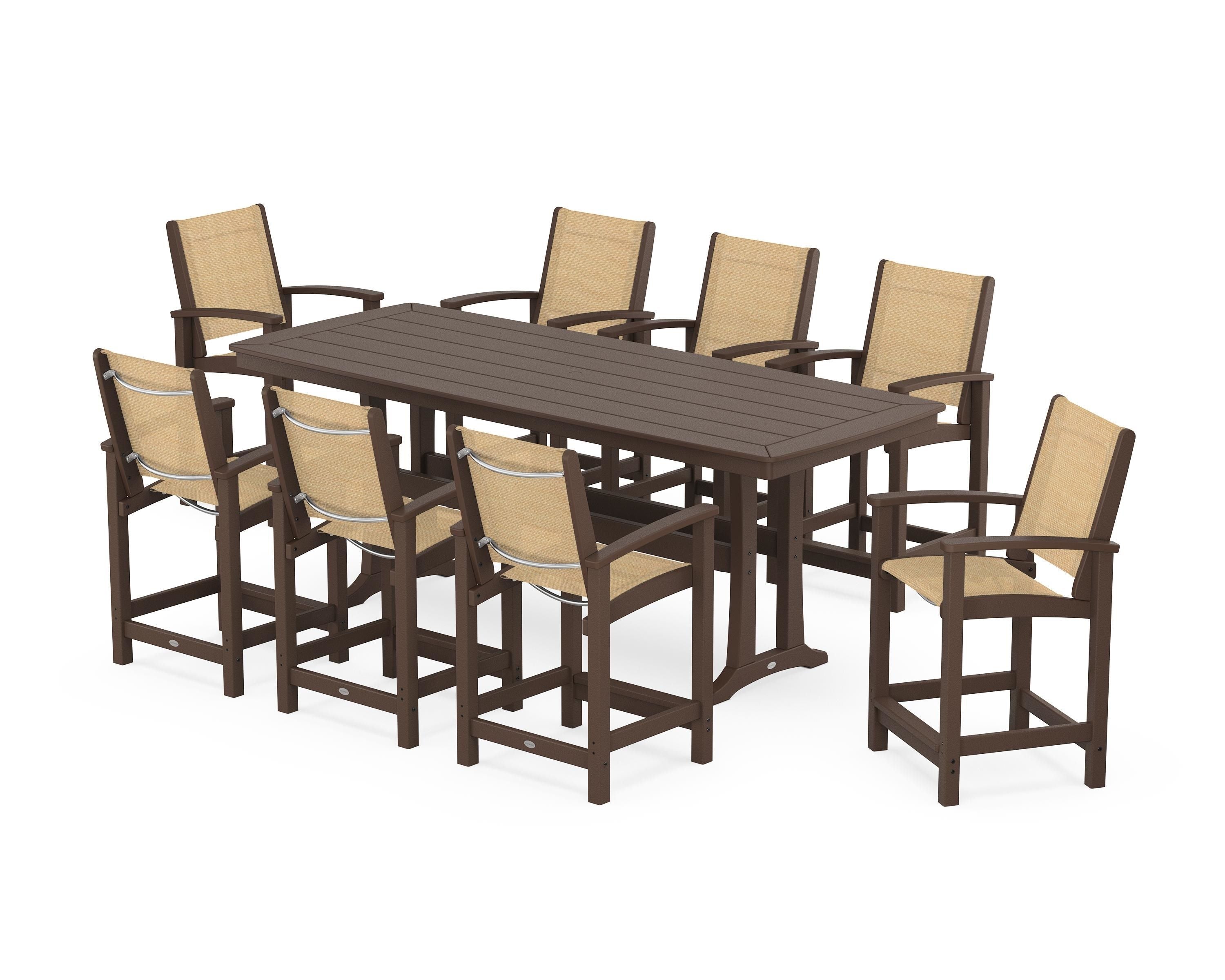 POLYWOOD Coastal 9-Piece Counter Set with Trestle Legs in Mahogany / Dupioni Apricot Sling