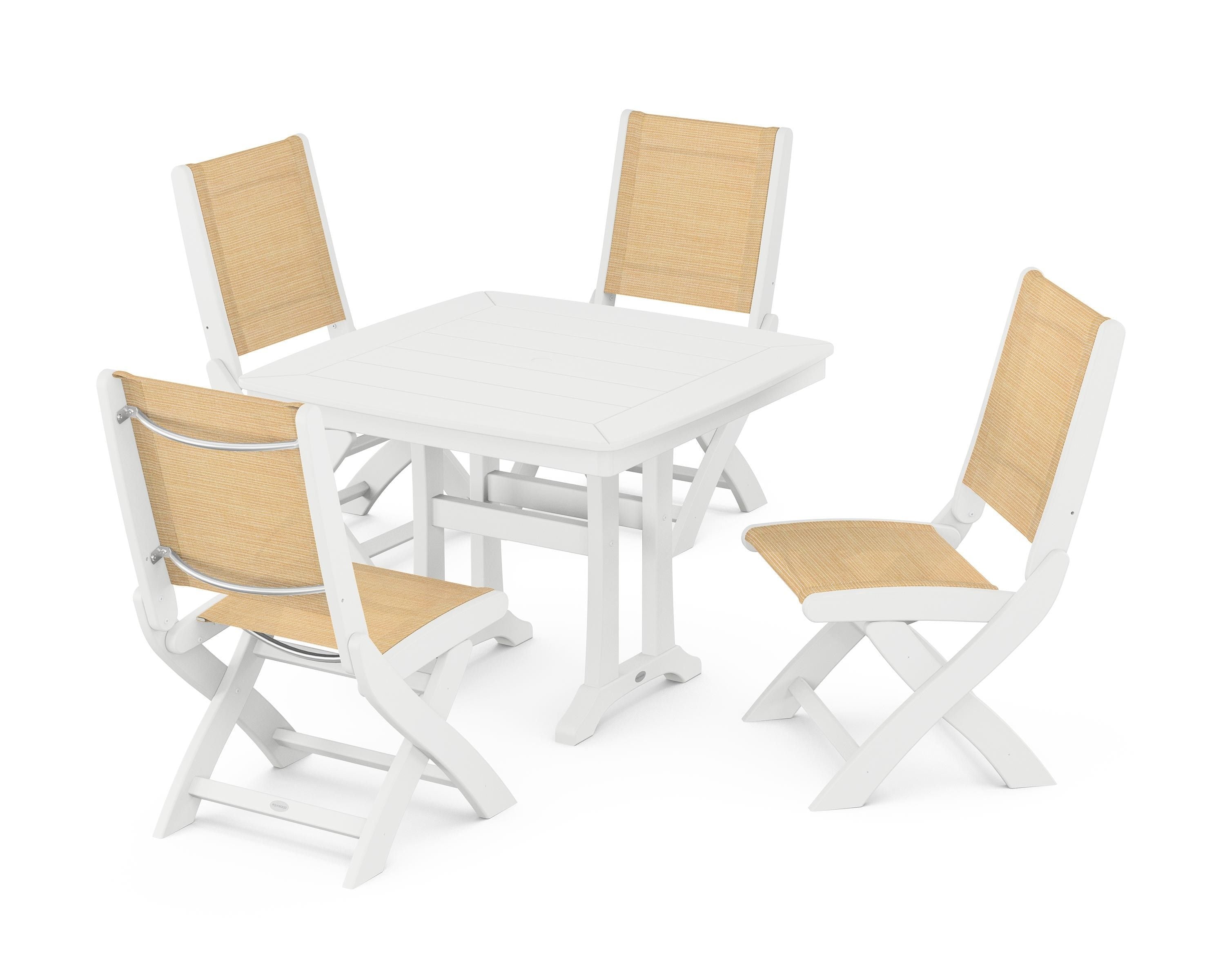 POLYWOOD Coastal Folding Side Chair 5-Piece Dining Set with Trestle Legs in White / Dupioni Apricot Sling