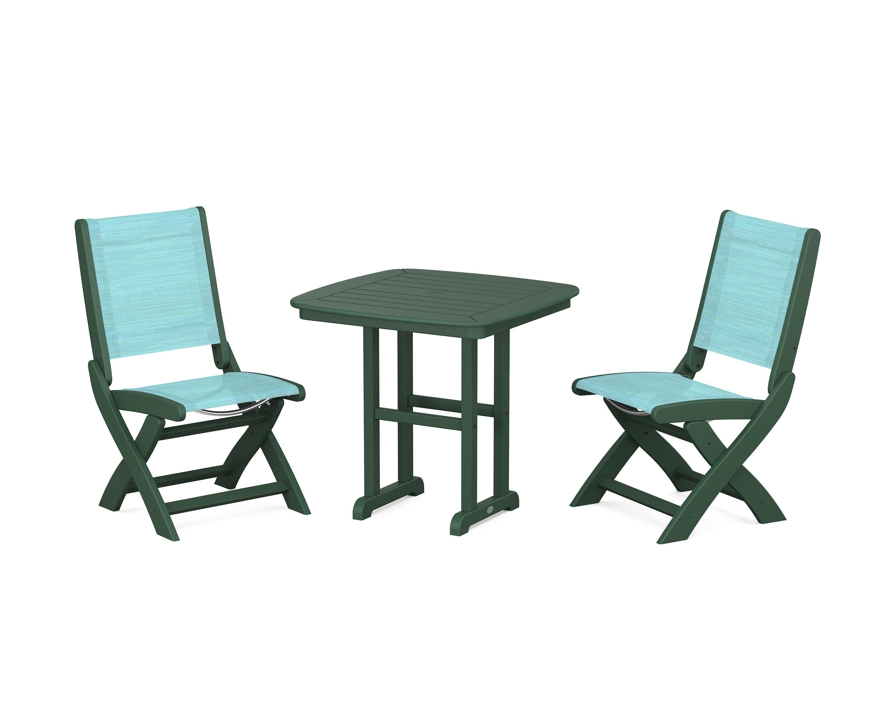 POLYWOOD Coastal Folding Side Chair 3-Piece Dining Set in Green / Dupioni Aquamarine Sling
