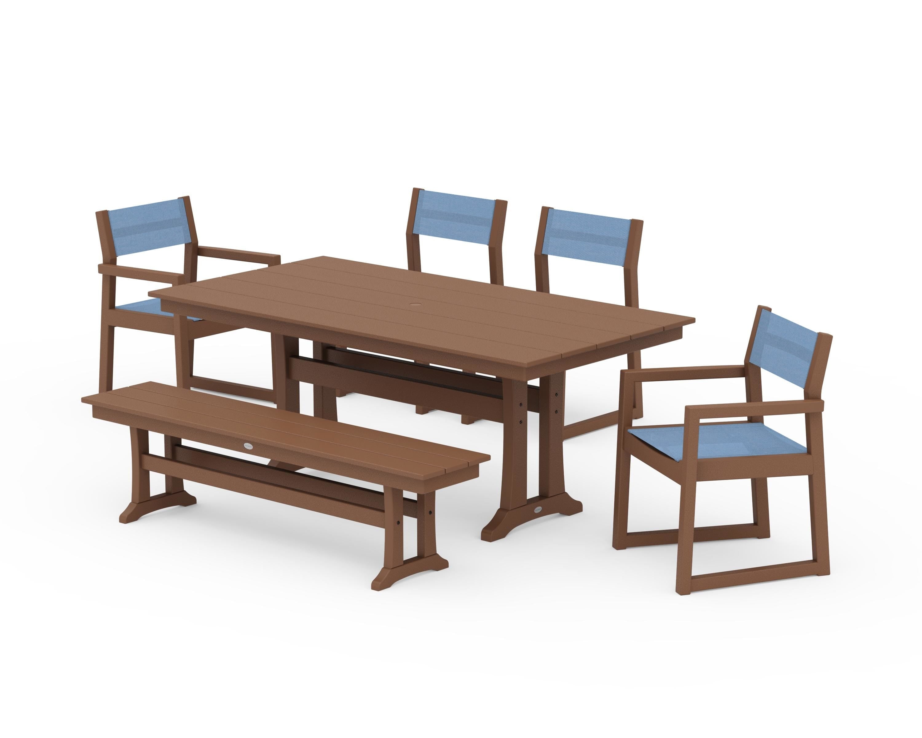 POLYWOOD EDGE Sling 6-Piece Farmhouse Dining Set With Trestle Legs in Teak / Poolside Sling