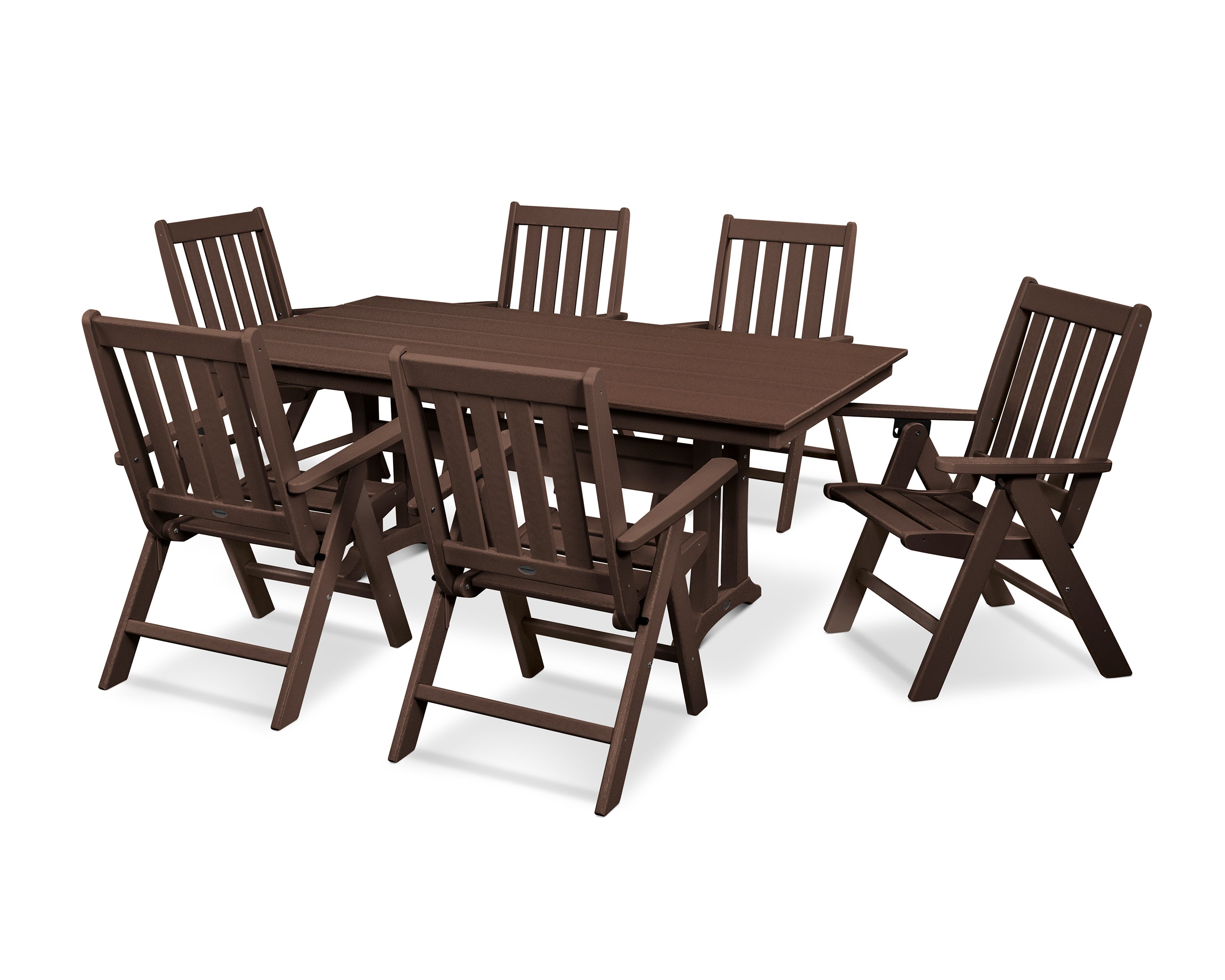 POLYWOOD® Vineyard Folding Chair 7-Piece Farmhouse Dining Set with Trestle Legs in Mahogany