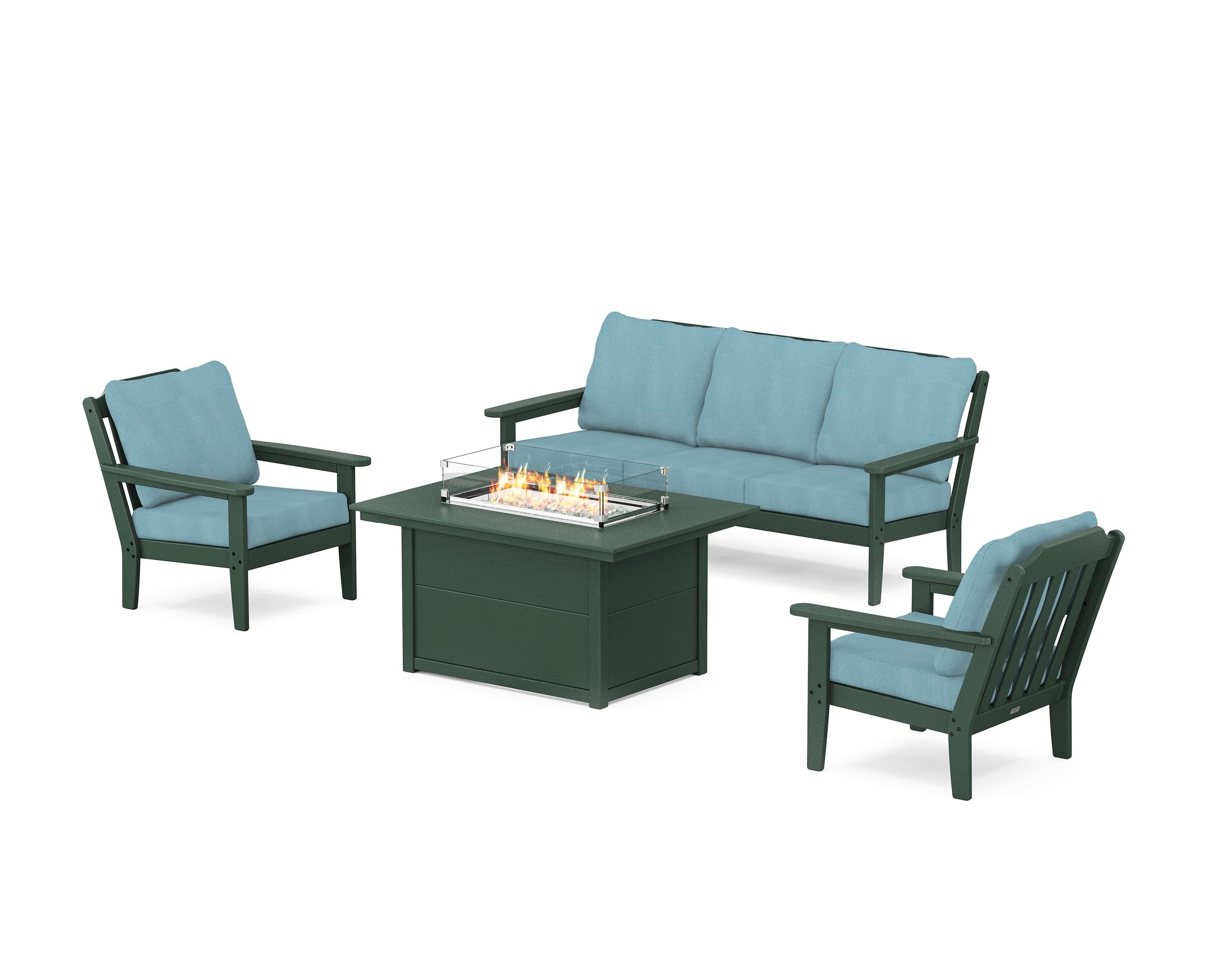 Country Living Cottage Deep Seating Fire Pit Table Set in Green / Lattice Sky Blue