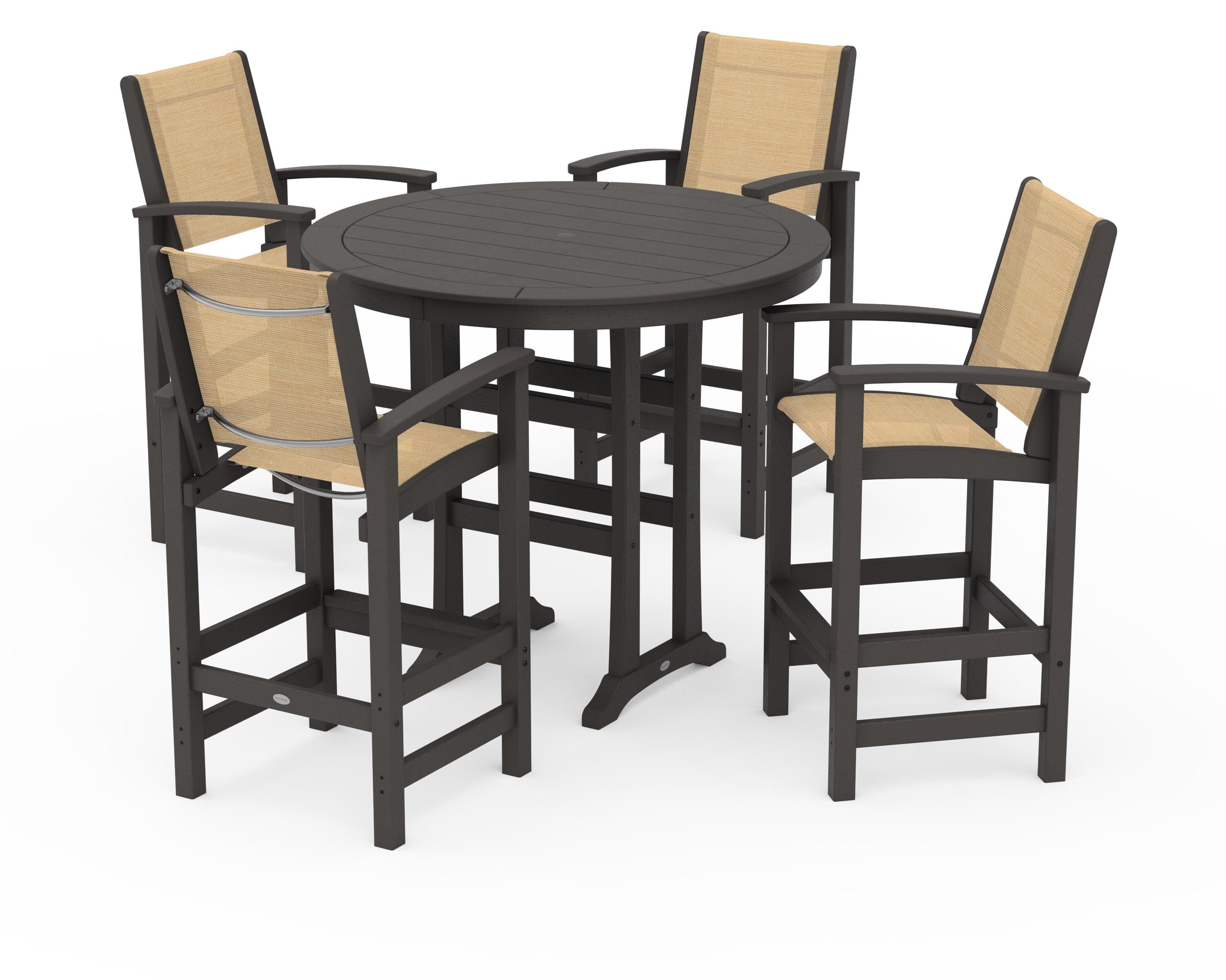 POLYWOOD Coastal 5-Piece Nautical Trestle Bar Set in Vintage Coffee / Dupioni Apricot Sling