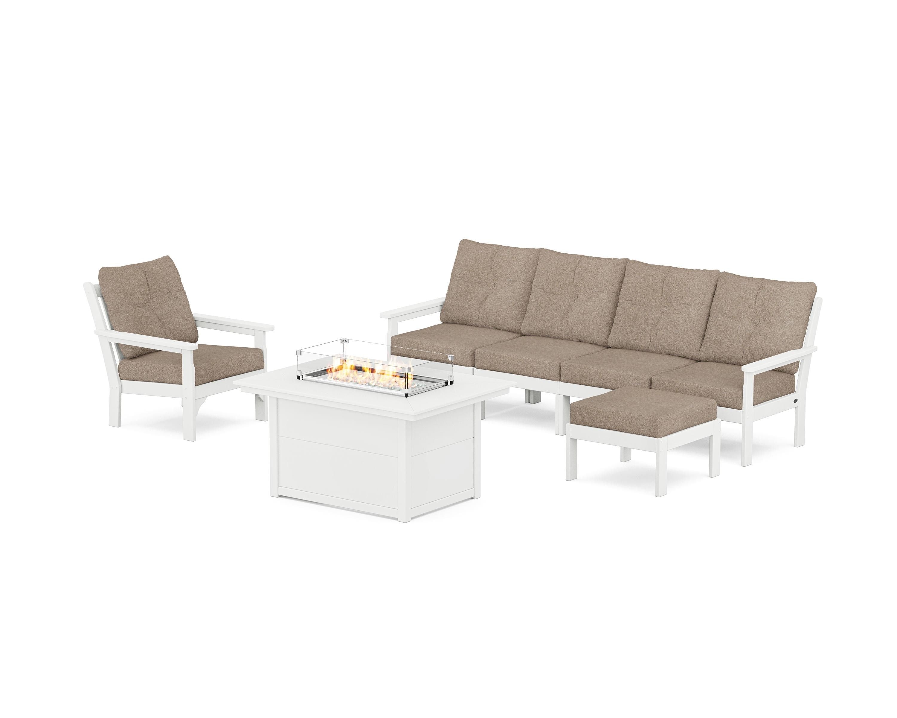 POLYWOOD Vineyard Sectional Lounge and Fire Pit Set in White / Spiced Burlap