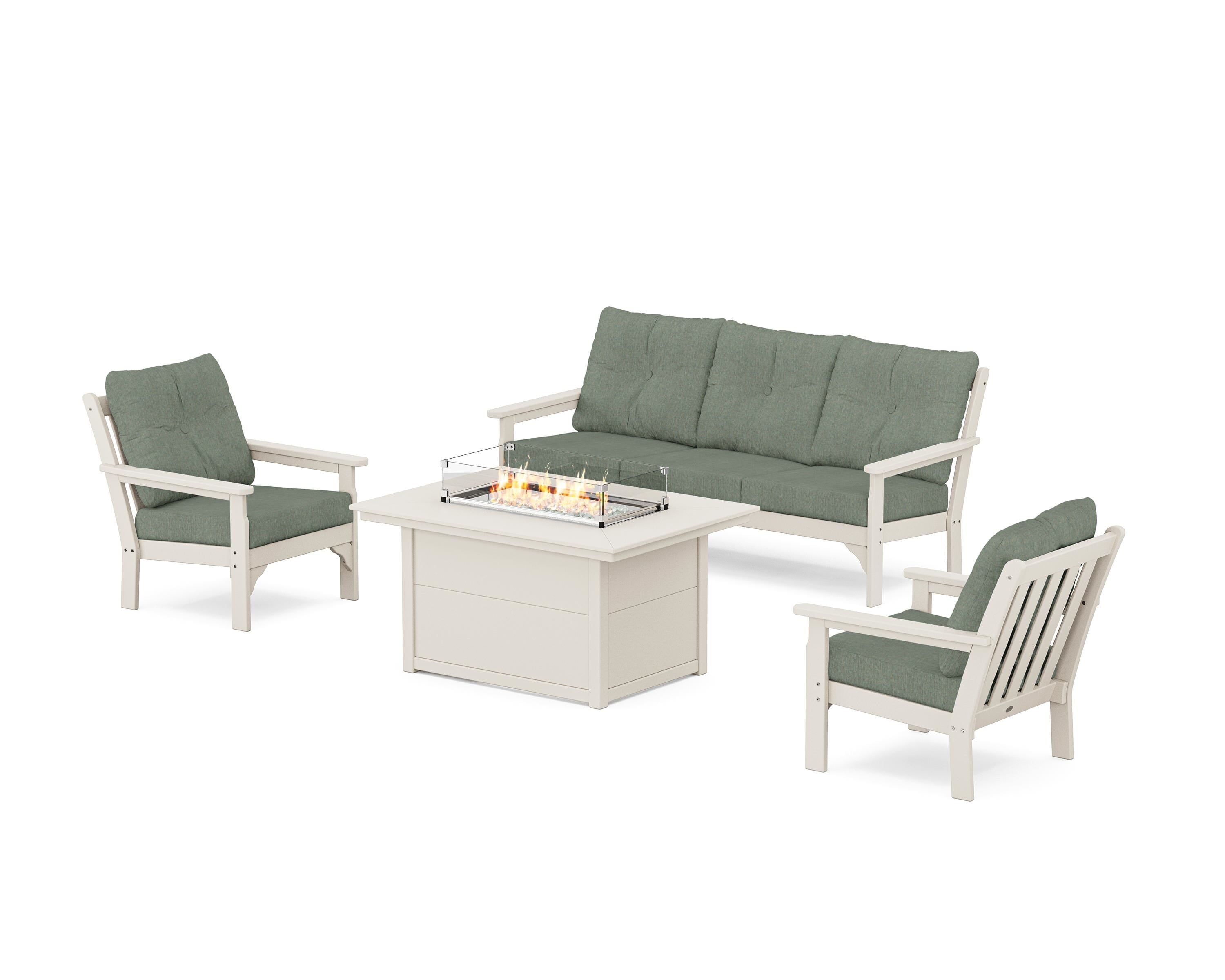 POLYWOOD Vineyard Deep Seating Fire Pit Table Set in Sand / Cast Sage