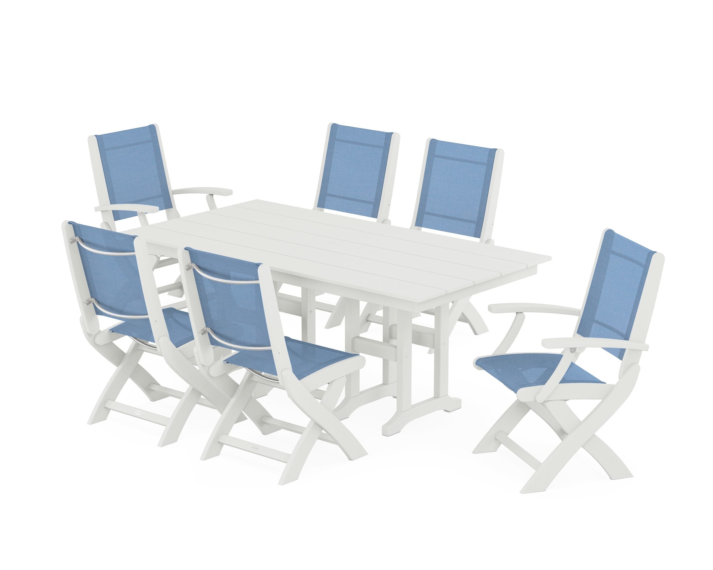 POLYWOOD Coastal Folding Chair 7-Piece Farmhouse Dining Set in Vintage White / Poolside Sling