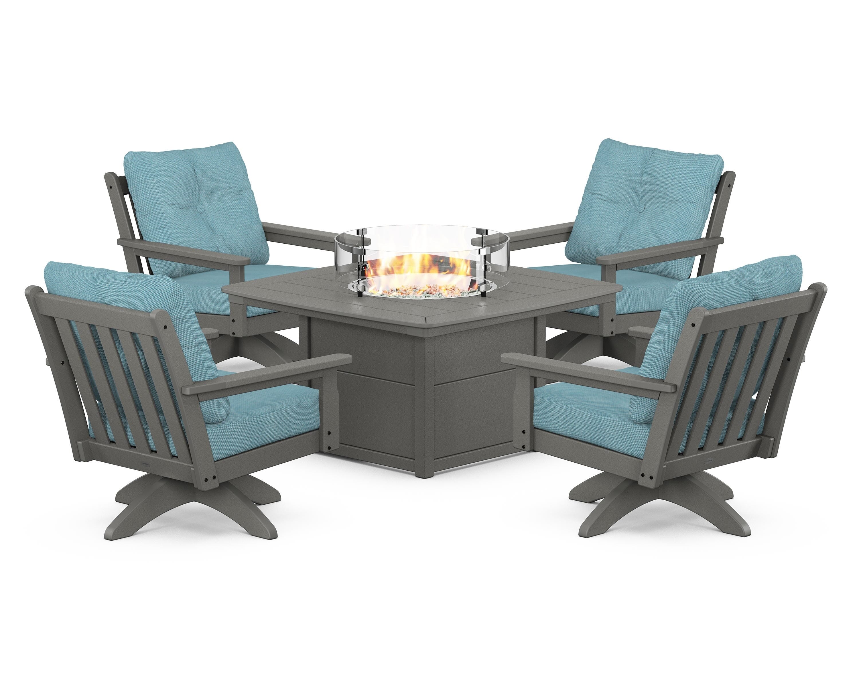 POLYWOOD Vineyard 5-Piece Deep Seating Swivel Conversation Set with Fire Pit Table in Slate Grey / Lattice Sky Blue