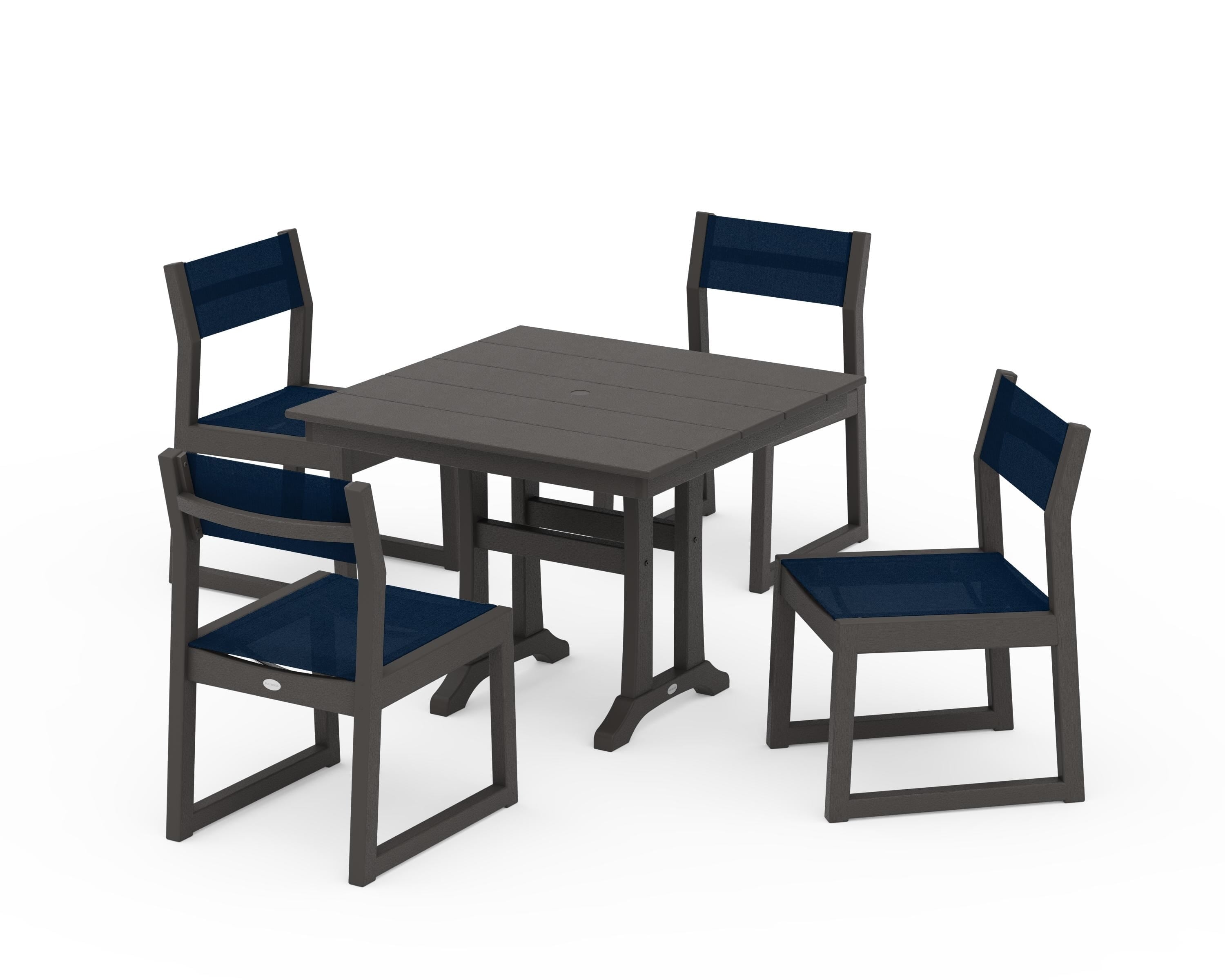POLYWOOD EDGE Sling 5-Piece Farmhouse Trestle Side Chair Dining Set in Vintage Coffee / Navy Blue Sling