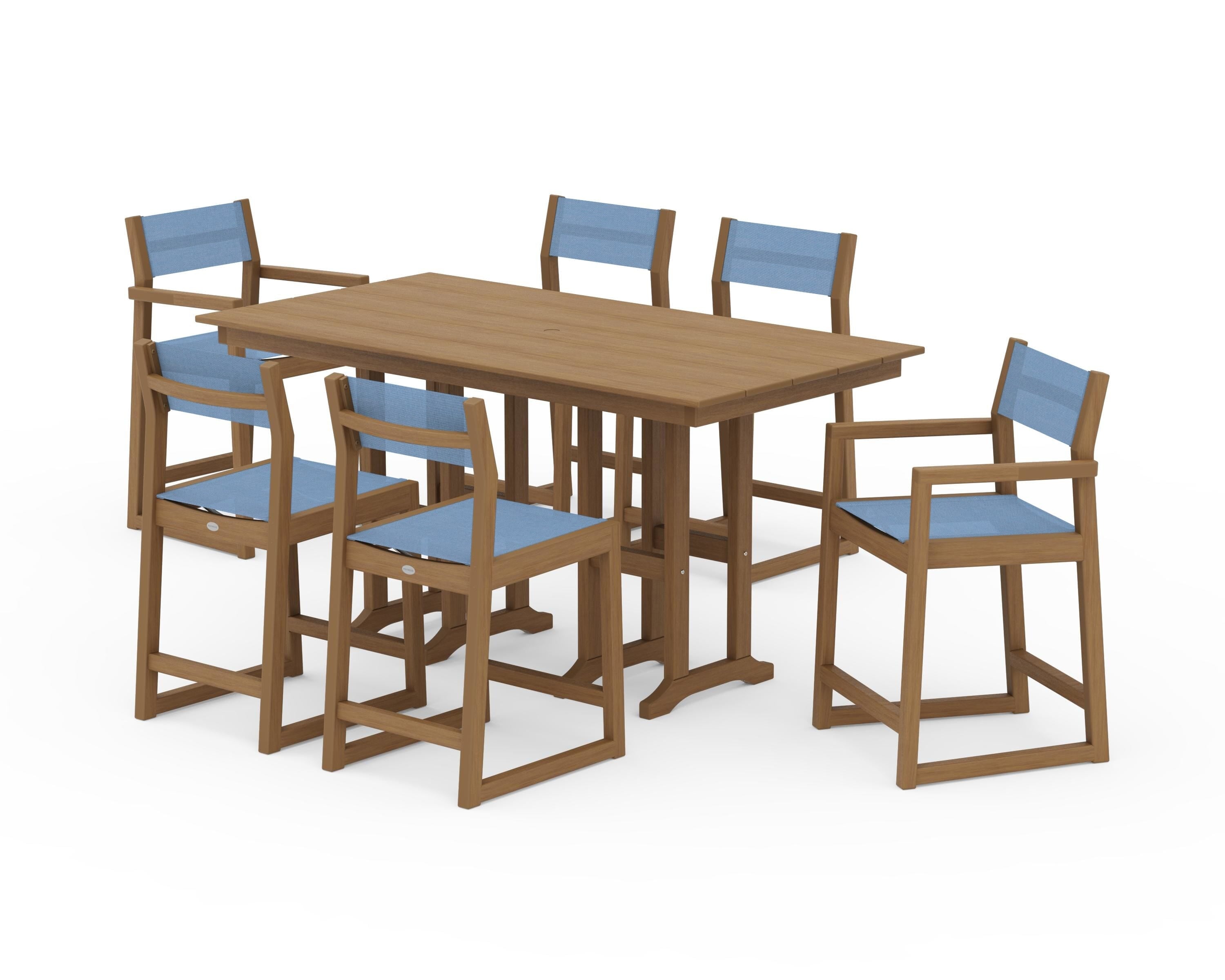 POLYWOOD EDGE Sling 7-Piece Farmhouse Counter Set with Trestle Legs in Natural / Poolside Sling