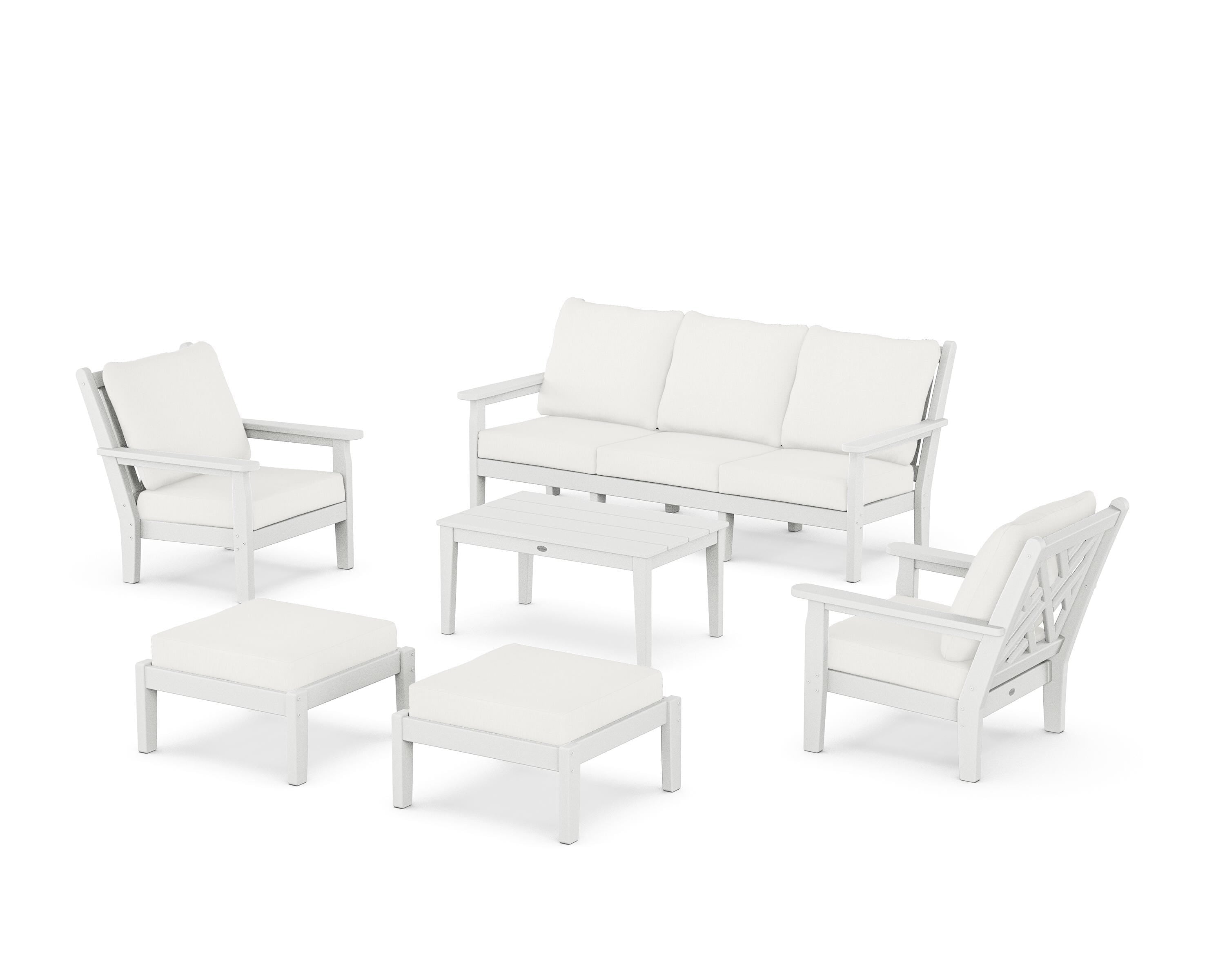 POLYWOOD Chippendale 6-Piece Lounge Sofa Set in White / Natural Linen