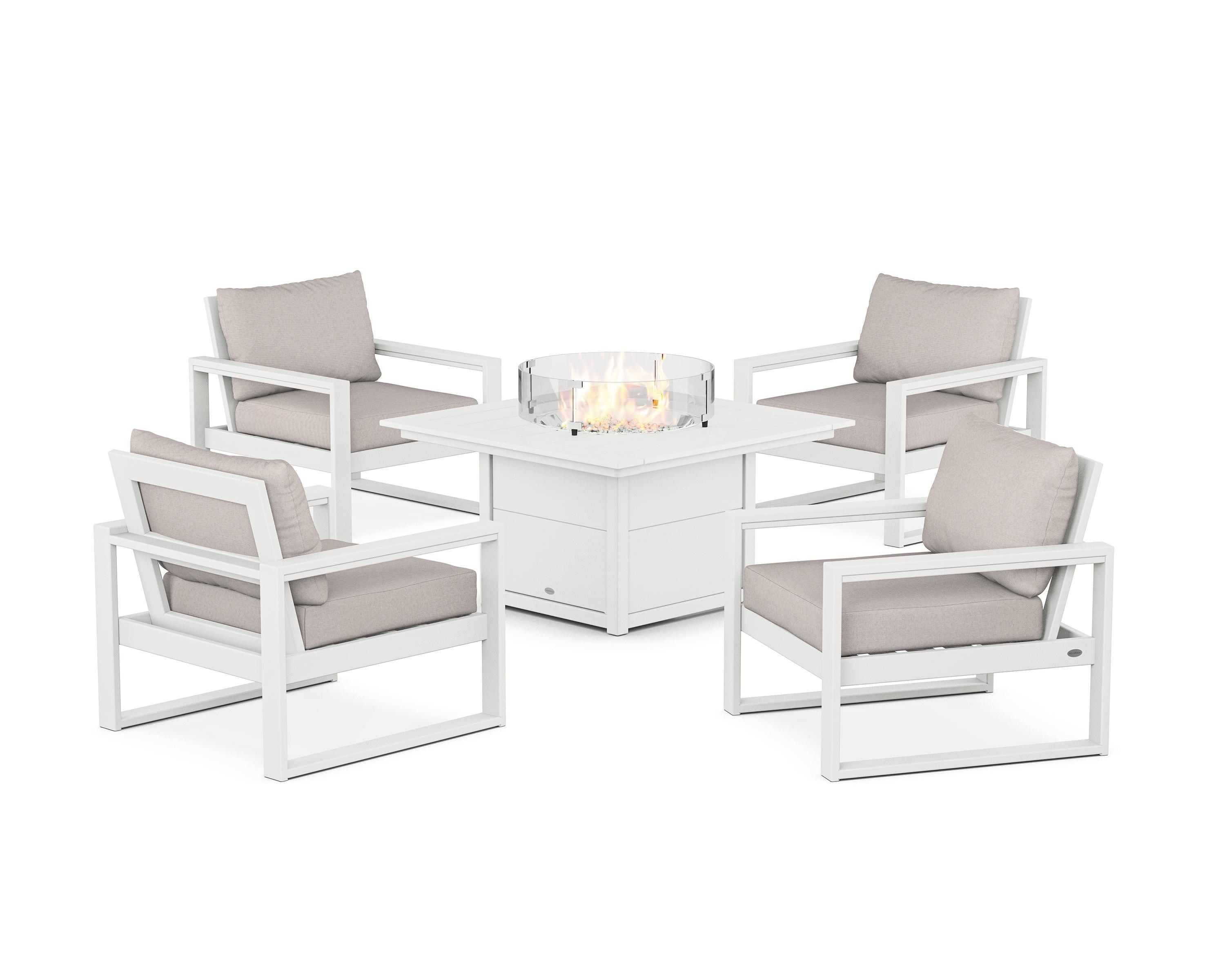 POLYWOOD EDGE Sectional 5-Piece Deep Seating Set with Fire Pit Table in White / Dune Burlap