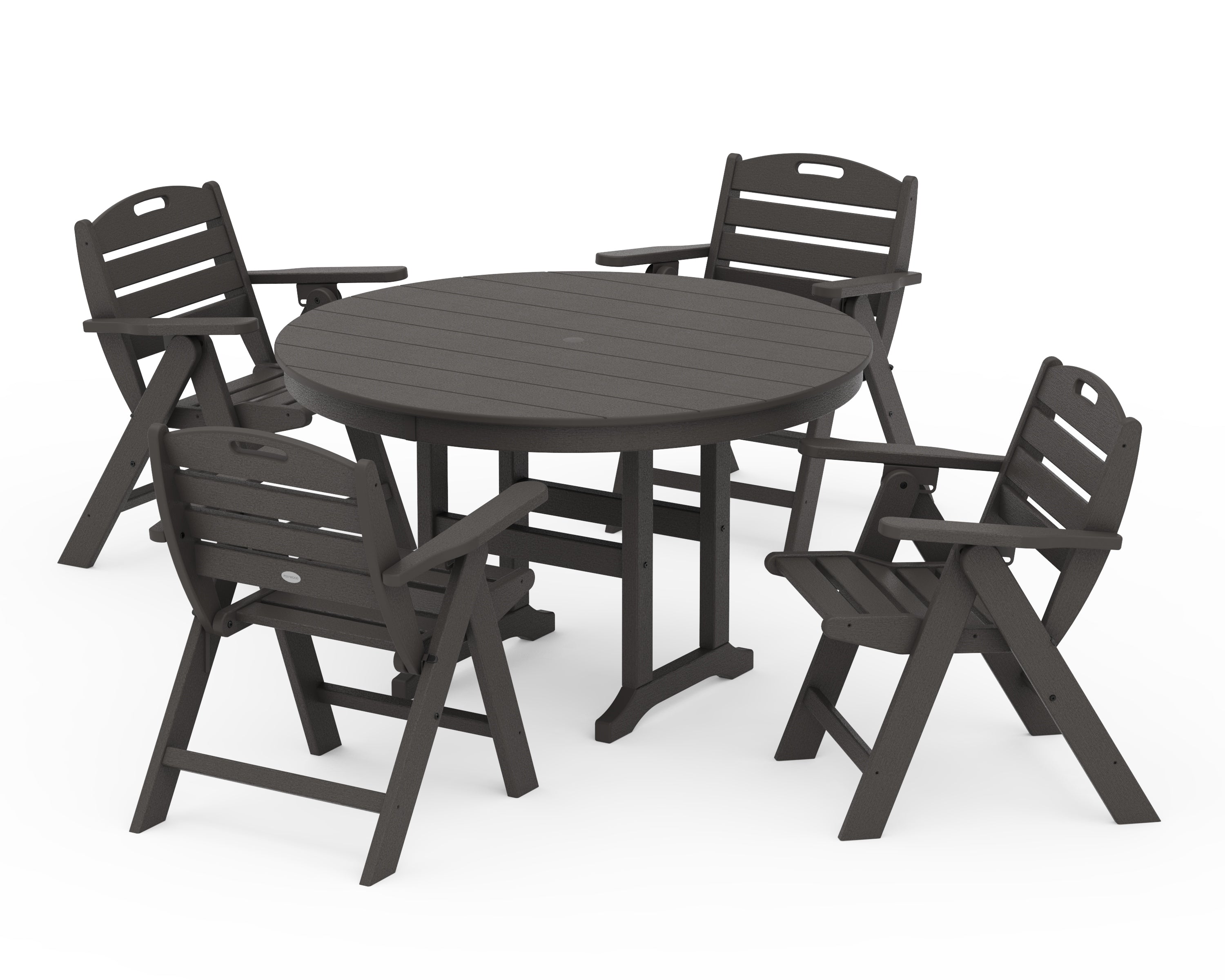 POLYWOOD Nautical Folding Lowback Chair 5-Piece Round Farmhouse Dining Set in Vintage Coffee