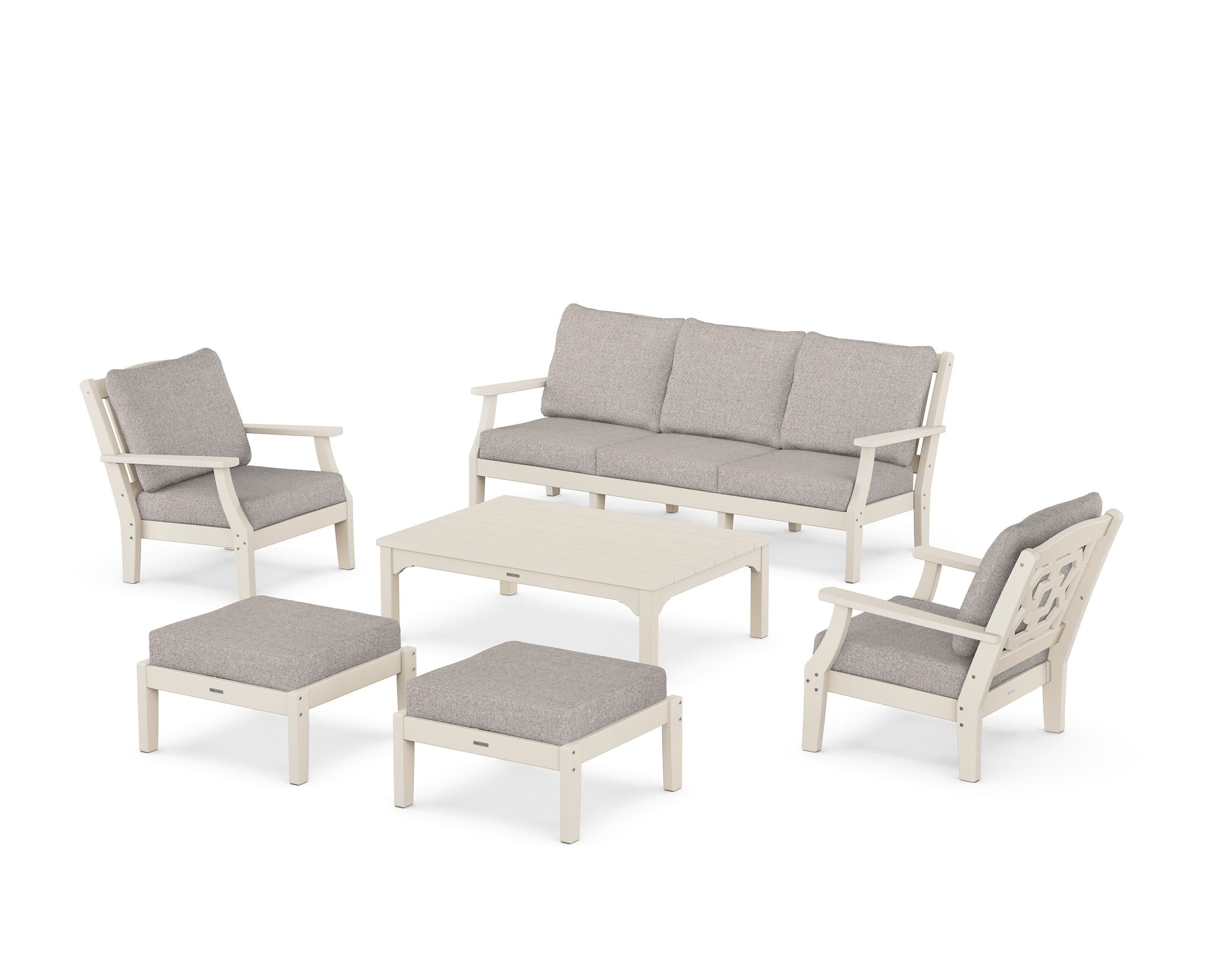 Martha Stewart by POLYWOOD Chinoiserie 6-Piece Lounge Sofa Set in Sand / Weathered Tweed