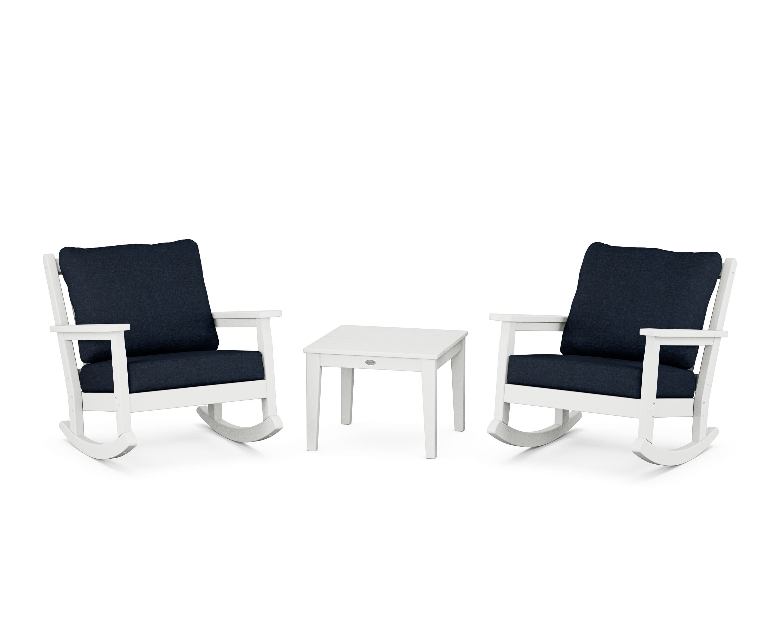 POLYWOOD Chippendale 3-Piece Deep Seating Rocker Set in White / Marine Indigo