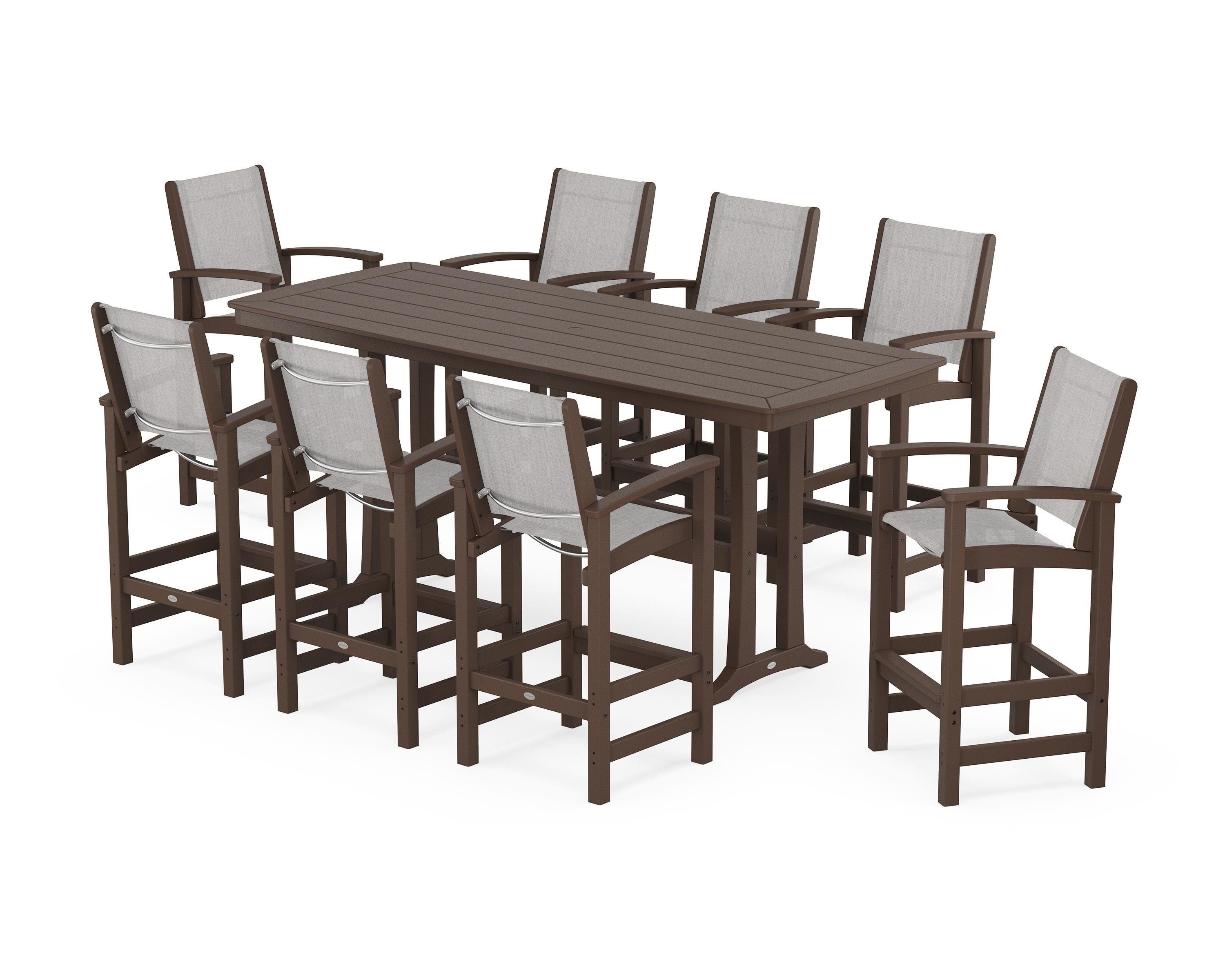 POLYWOOD Coastal 9-Piece Bar Set with Trestle Legs in Mahogany / Parchment Sling