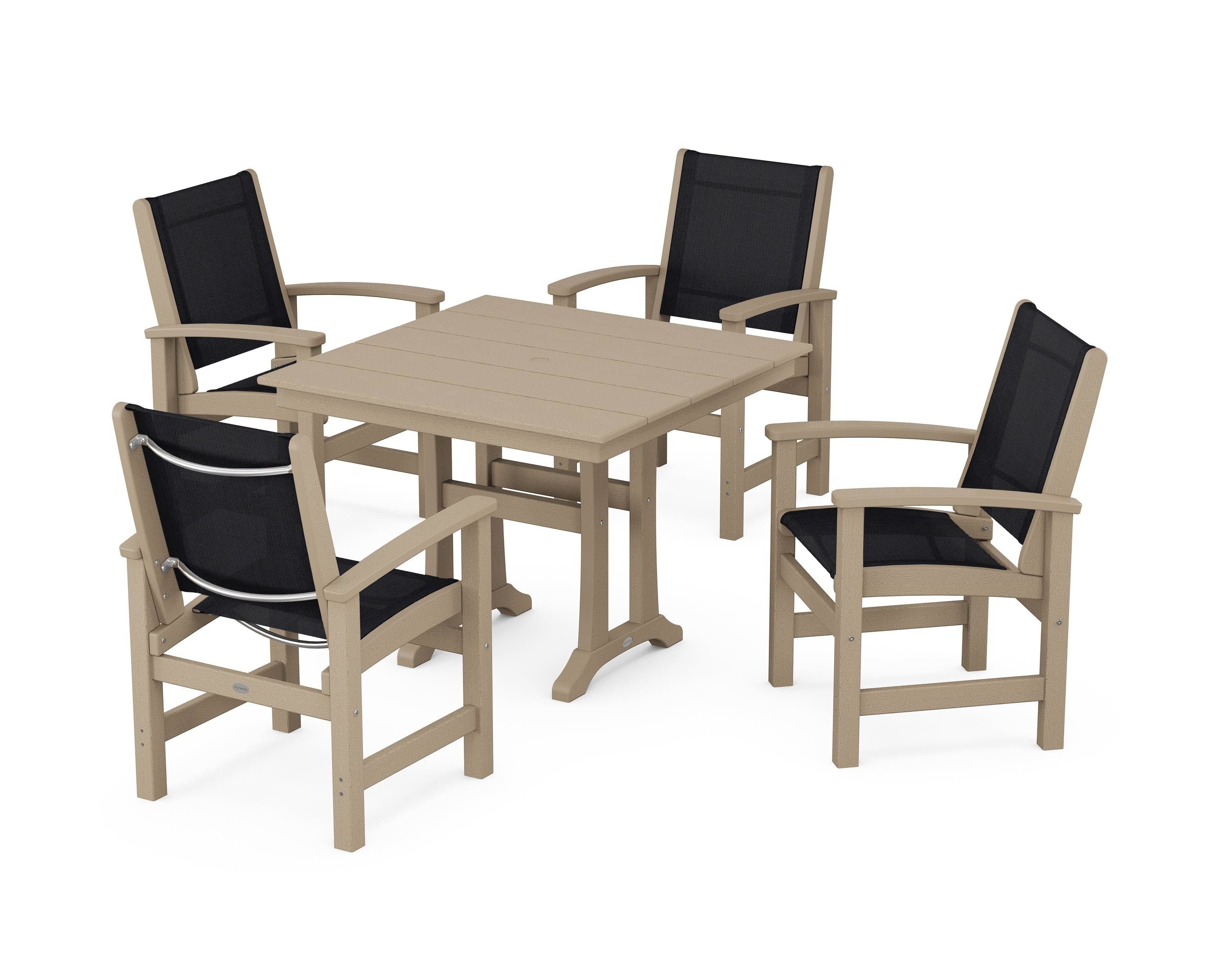 POLYWOOD Coastal 5-Piece Farmhouse Dining Set With Trestle Legs in Vintage Sahara / Black Sling