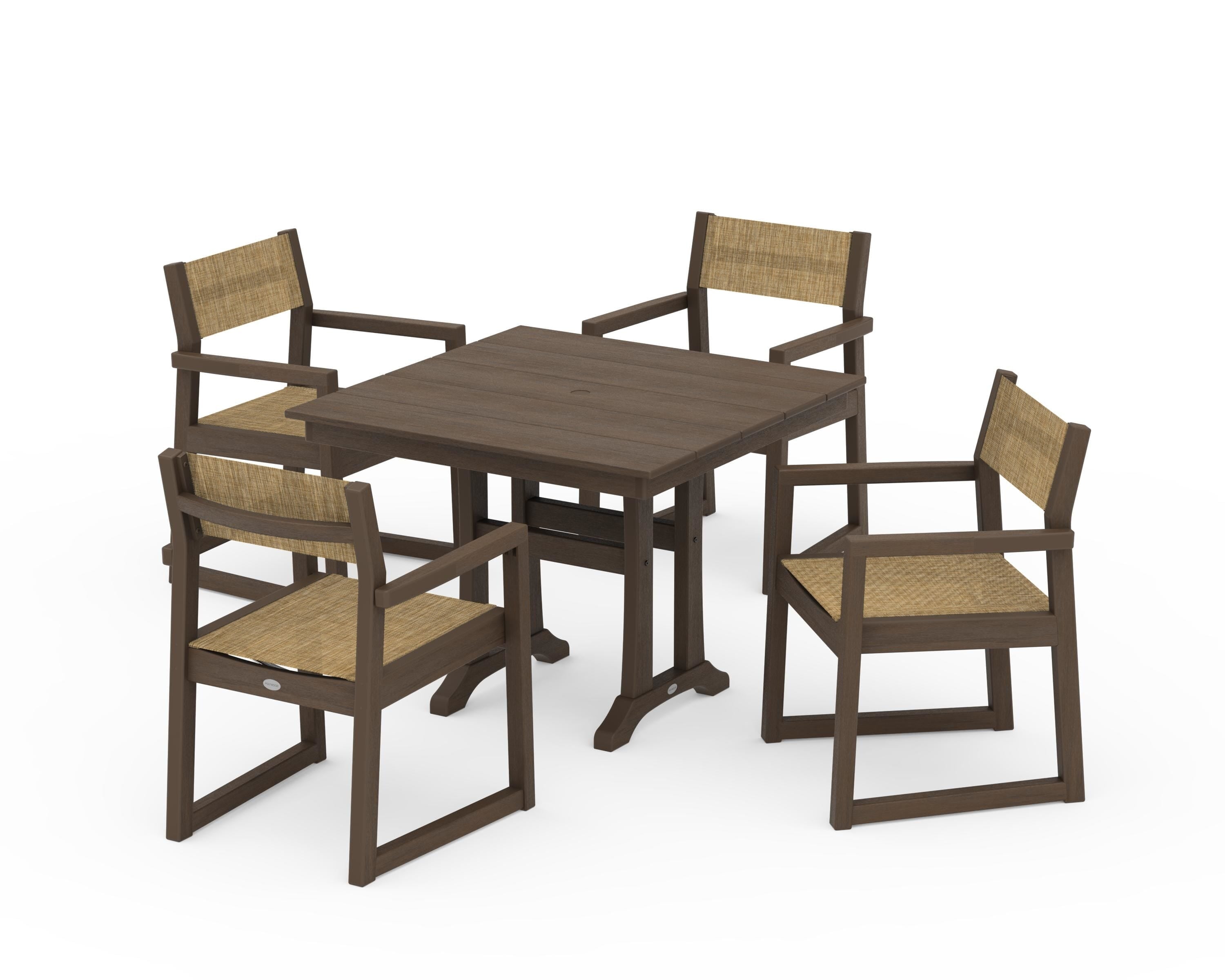 POLYWOOD EDGE Sling 5-Piece Farmhouse Dining Set with Trestle Legs in Kona / Burlap Sling