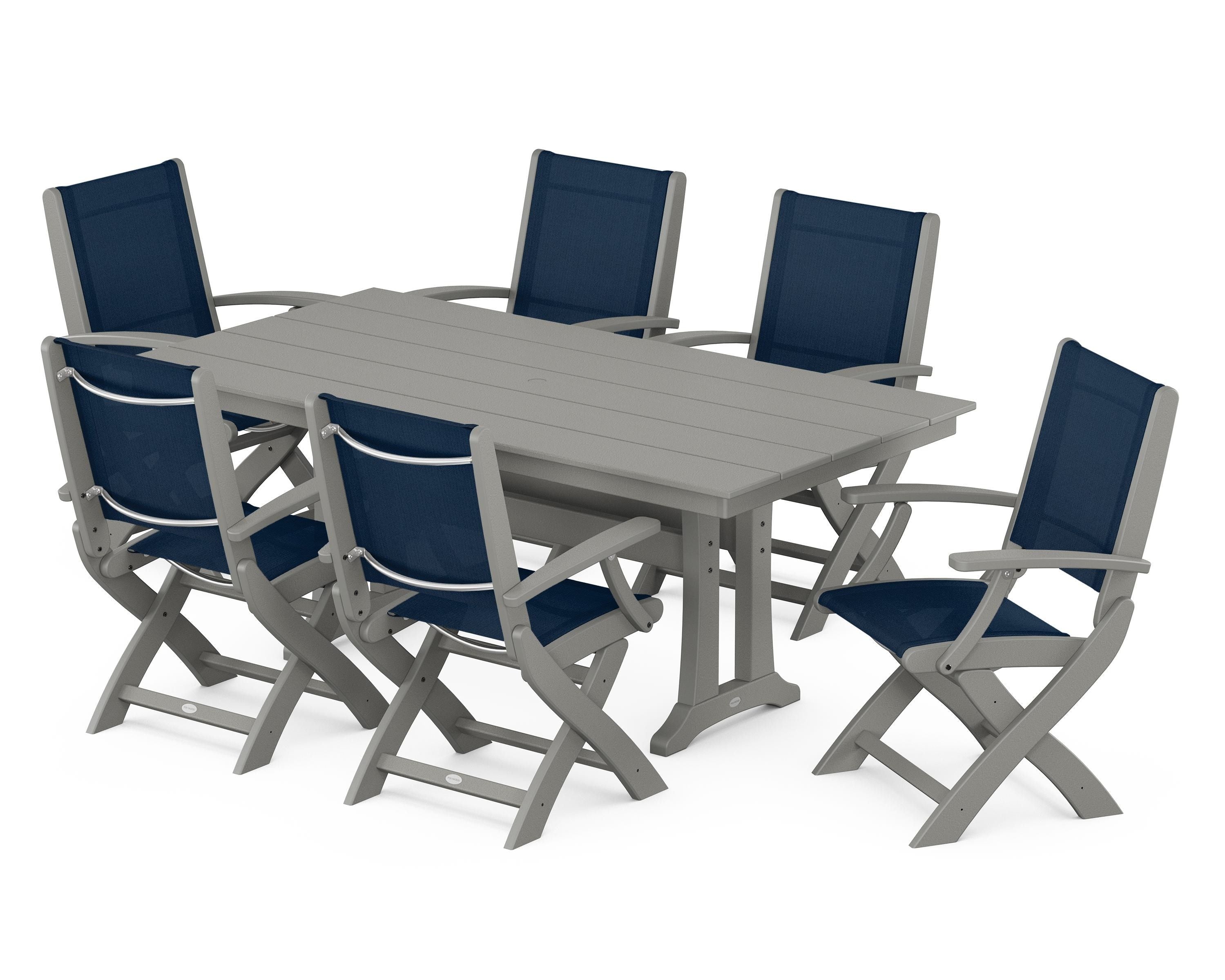 POLYWOOD Coastal Folding Arm Chair 7-Piece Farmhouse Dining Set with Trestle Legs in Slate Grey / Navy Blue Sling