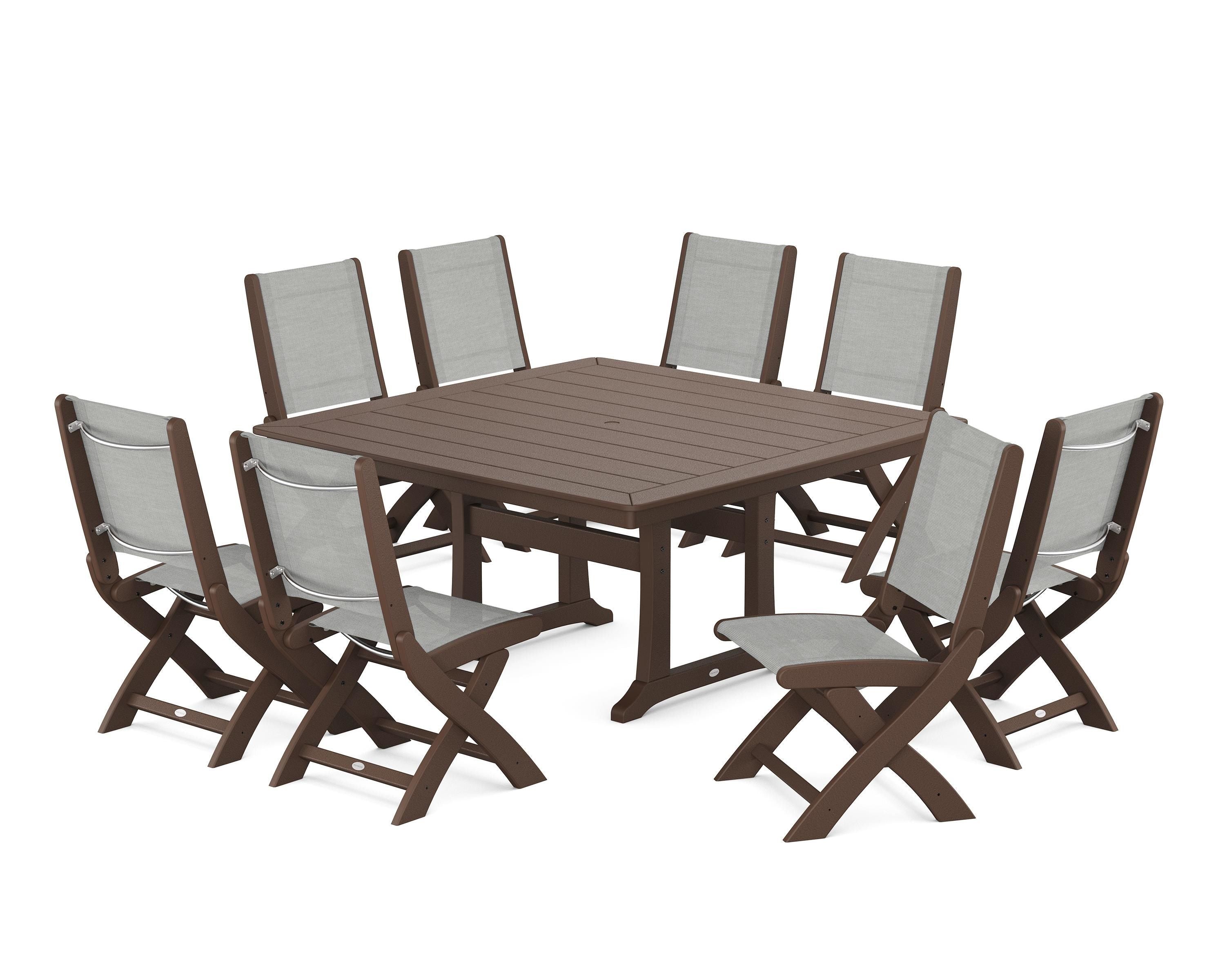 POLYWOOD Coastal Folding Side Chair 9-Piece Dining Set with Trestle Legs in Mahogany / Metallic Sling