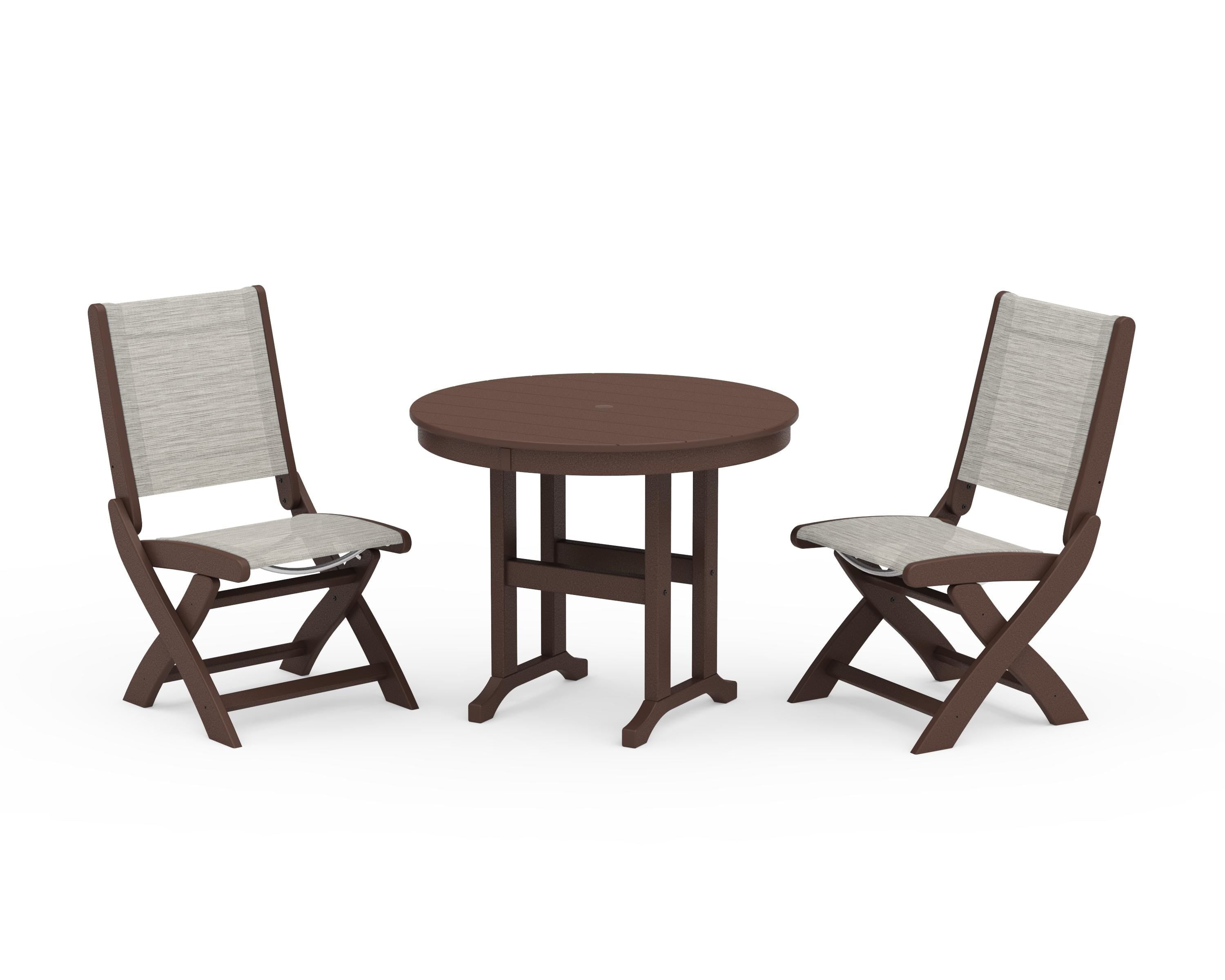 POLYWOOD Coastal Folding Side Chair 3-Piece Round Dining Set in Mahogany / Birch Sling