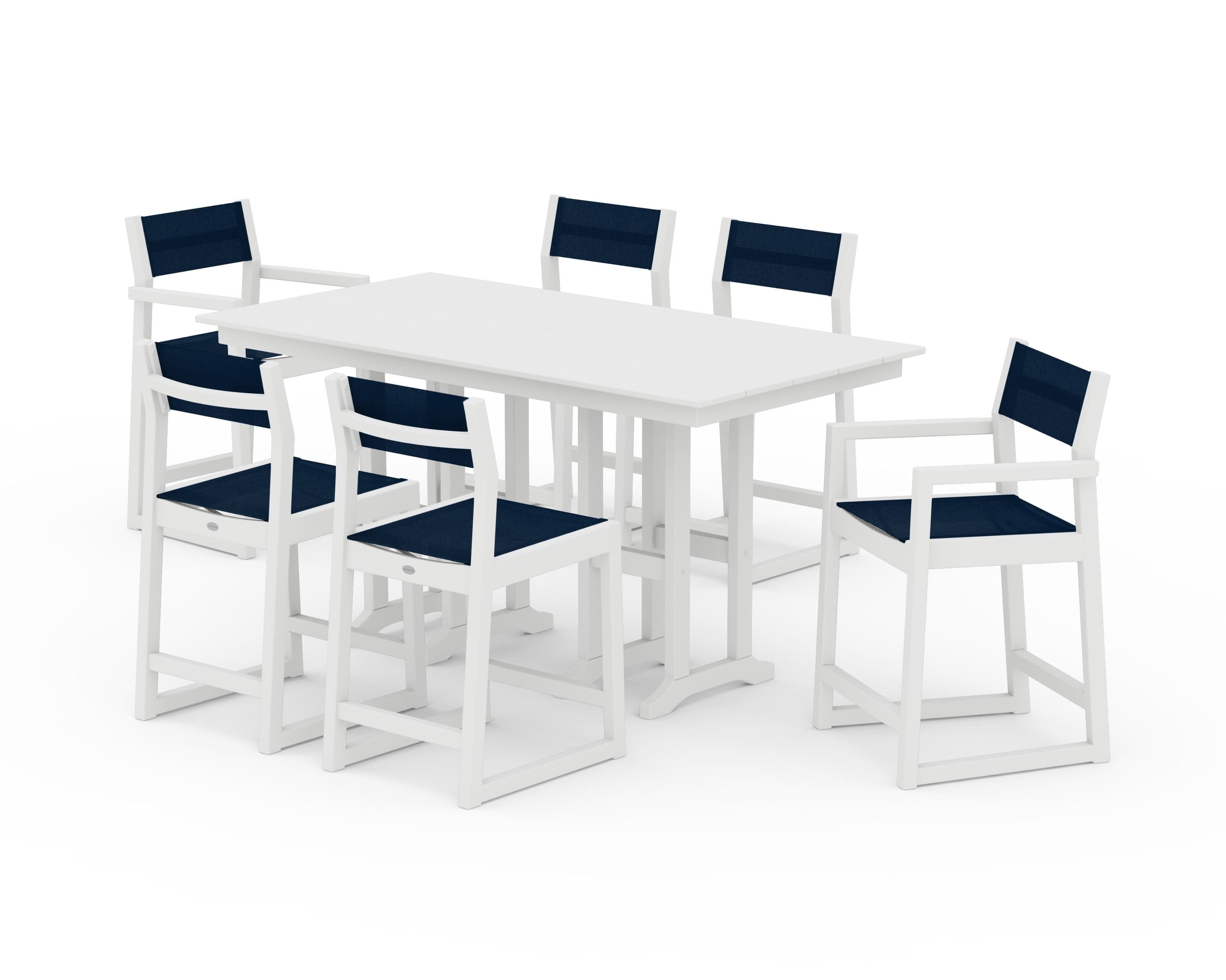 POLYWOOD EDGE Sling 7-Piece Farmhouse Counter Set with Trestle Legs in White / Navy Blue Sling