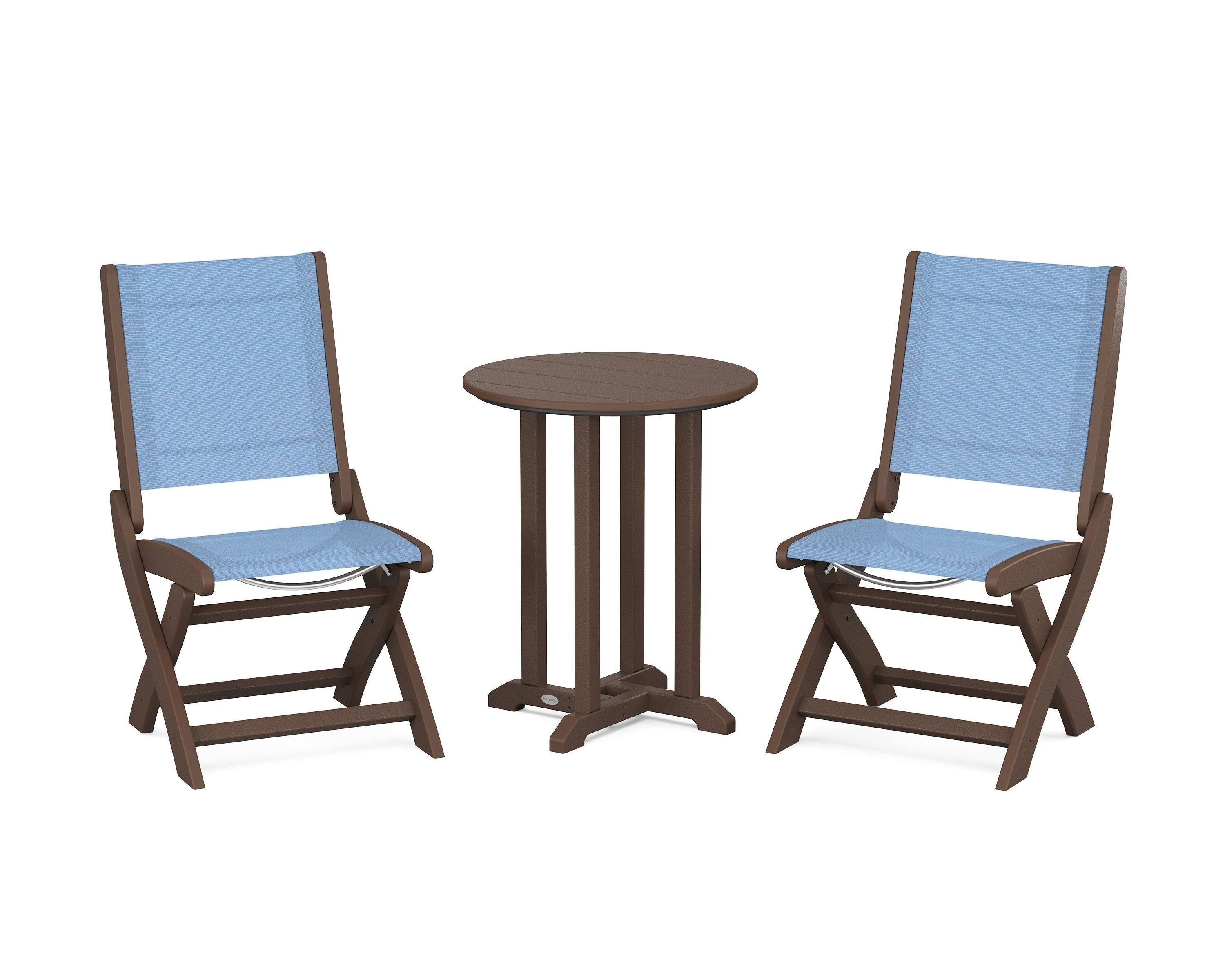 POLYWOOD Coastal Folding Side Chair 3-Piece Round Bistro Dining Set in Mahogany / Poolside Sling