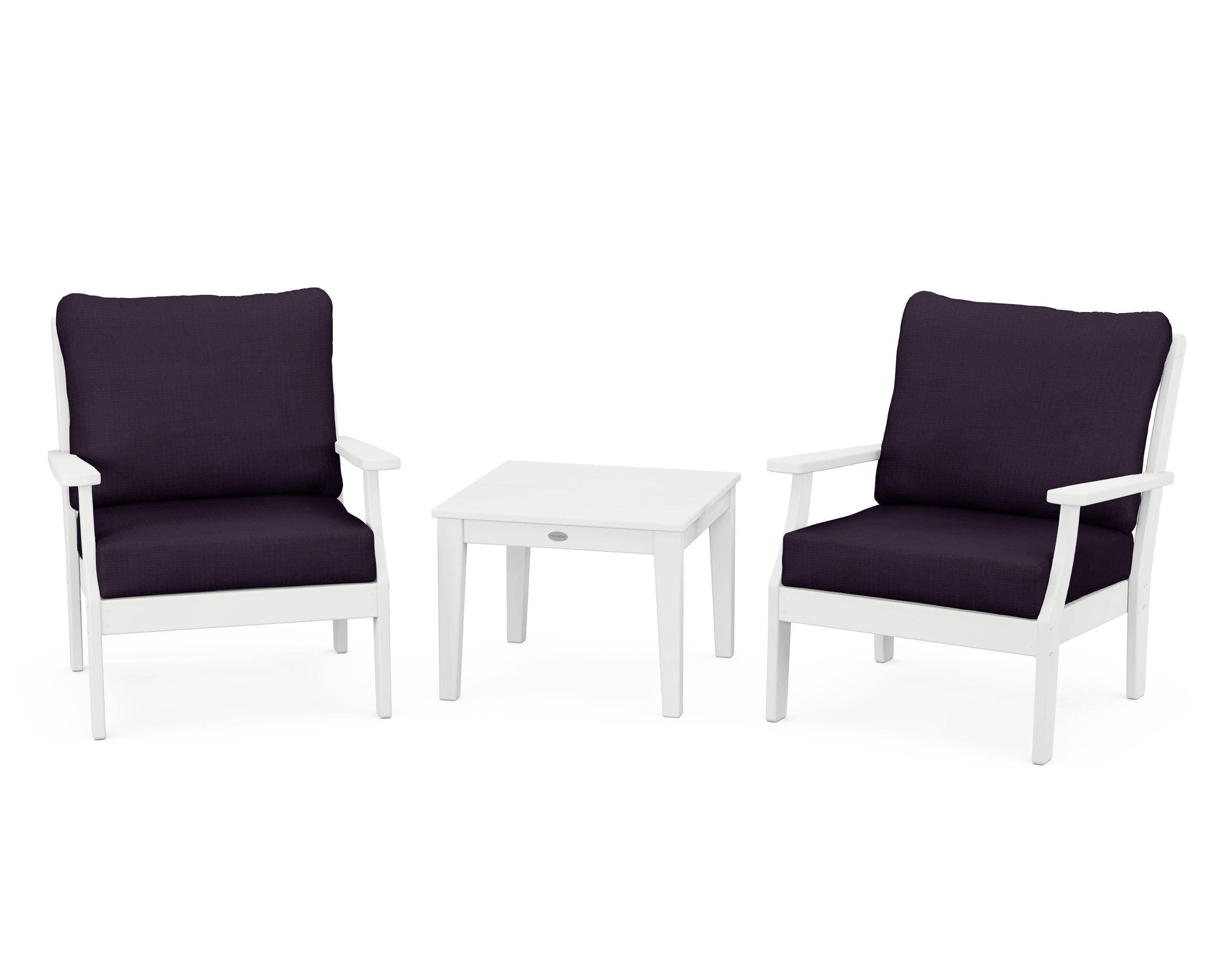 POLYWOOD Braxton 3-Piece Deep Seating Set in White / Navy Linen