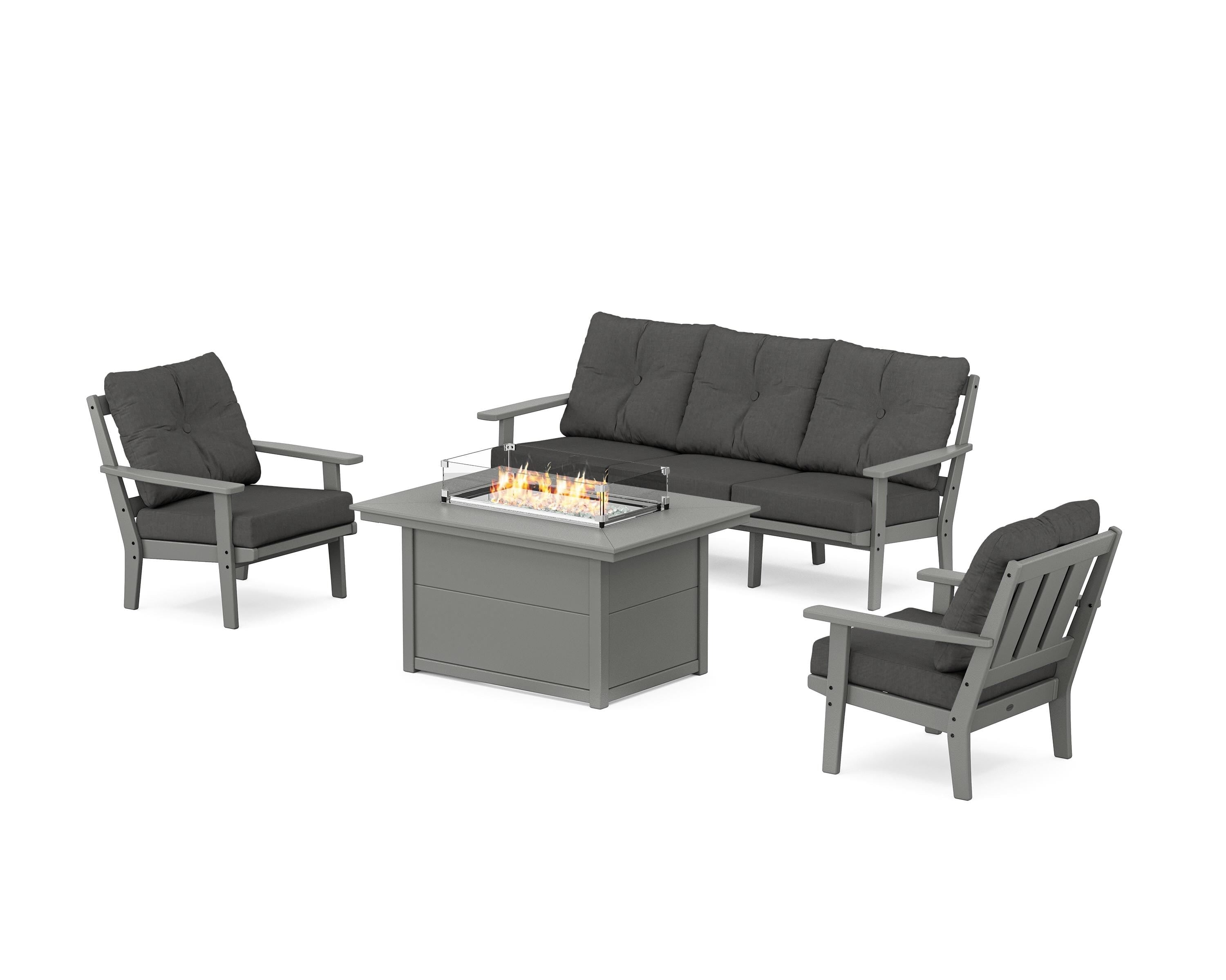 POLYWOOD Oxford Deep Seating Fire Pit Table Set in Slate Grey / Spectrum Carbon