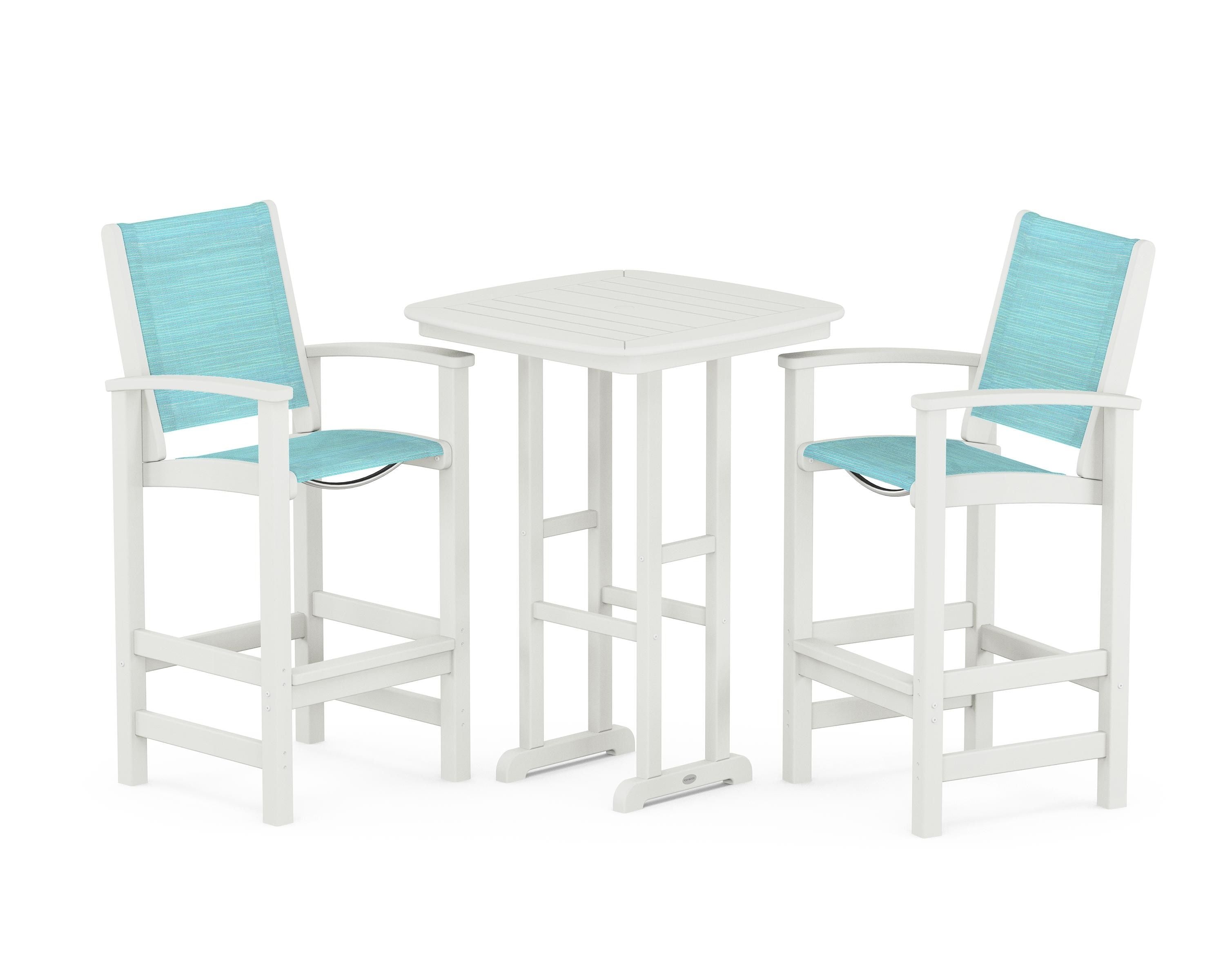 POLYWOOD Coastal 3-Piece Bar Set in Vintage White / Dupioni Aquamarine Sling