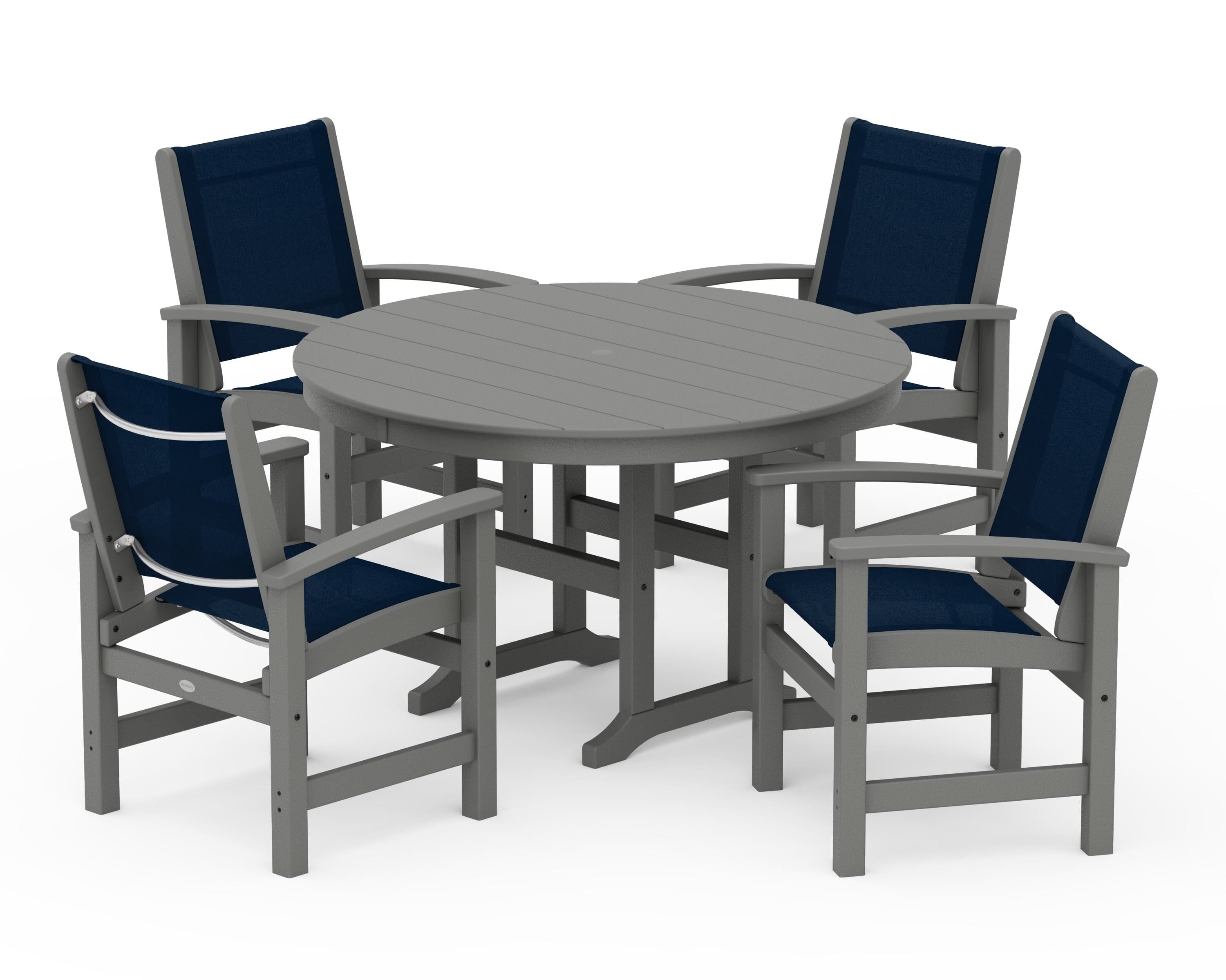 POLYWOOD Coastal 5-Piece Round Farmhouse Dining Set in Slate Grey / Navy Blue Sling