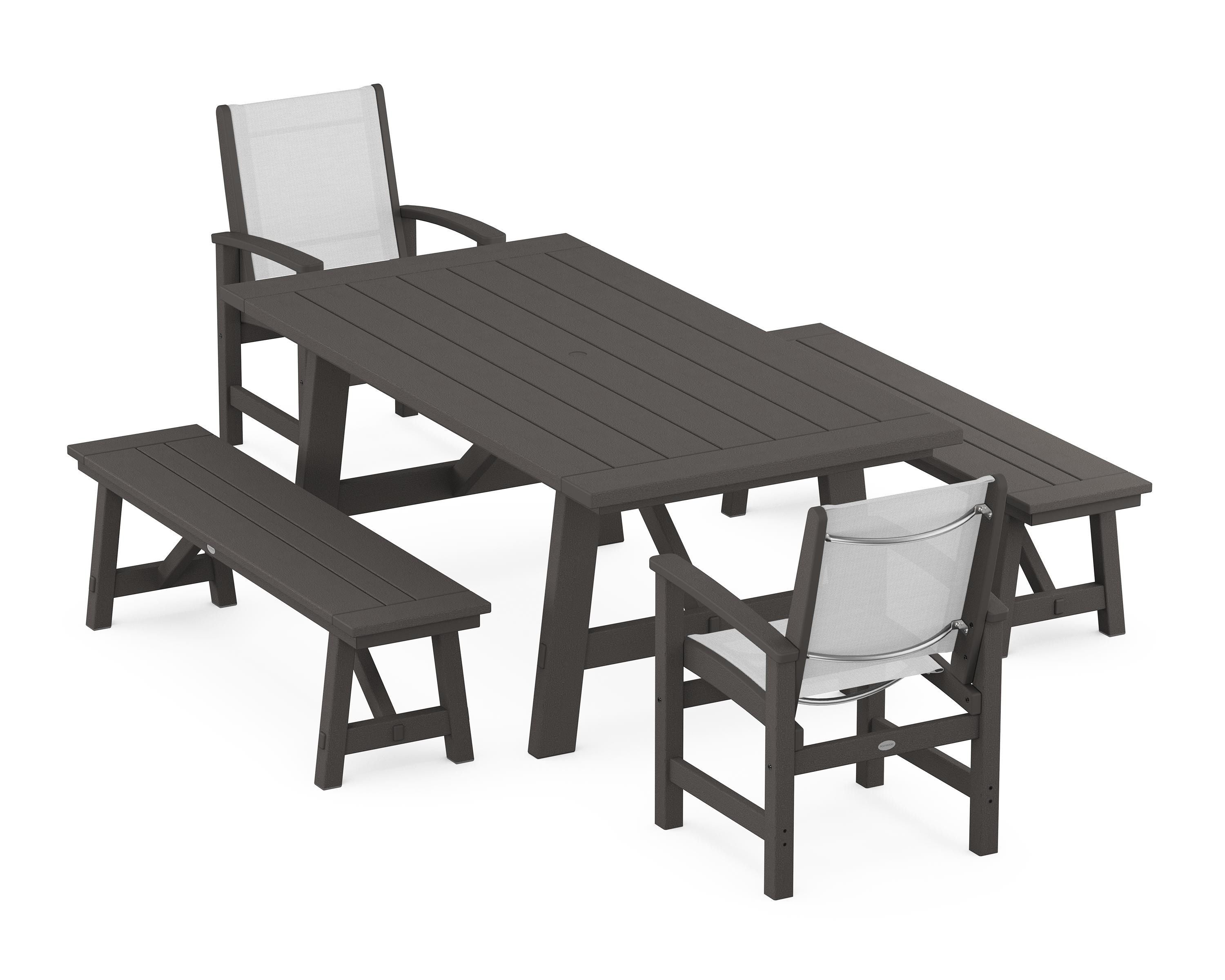 POLYWOOD Coastal 5-Piece Rustic Farmhouse Dining Set With Benches in Vintage Coffee / White Sling