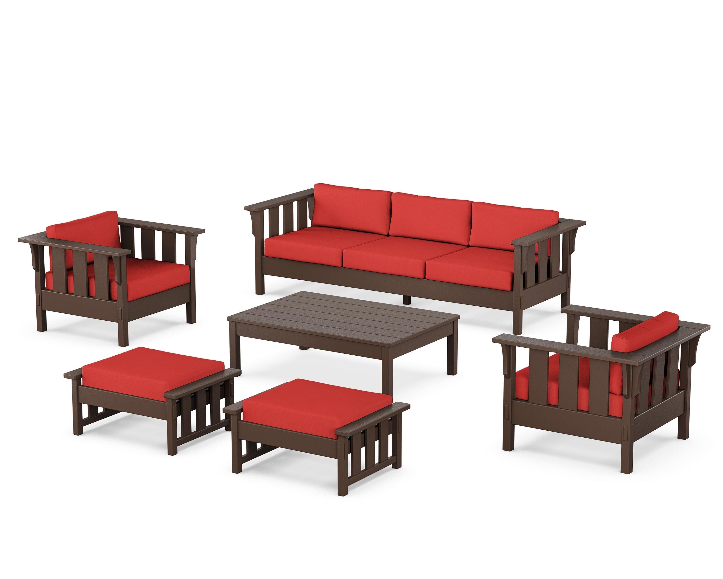 Martha Stewart by POLYWOOD Acadia 6-Piece Lounge Sofa Set in Mahogany / Crimson Linen