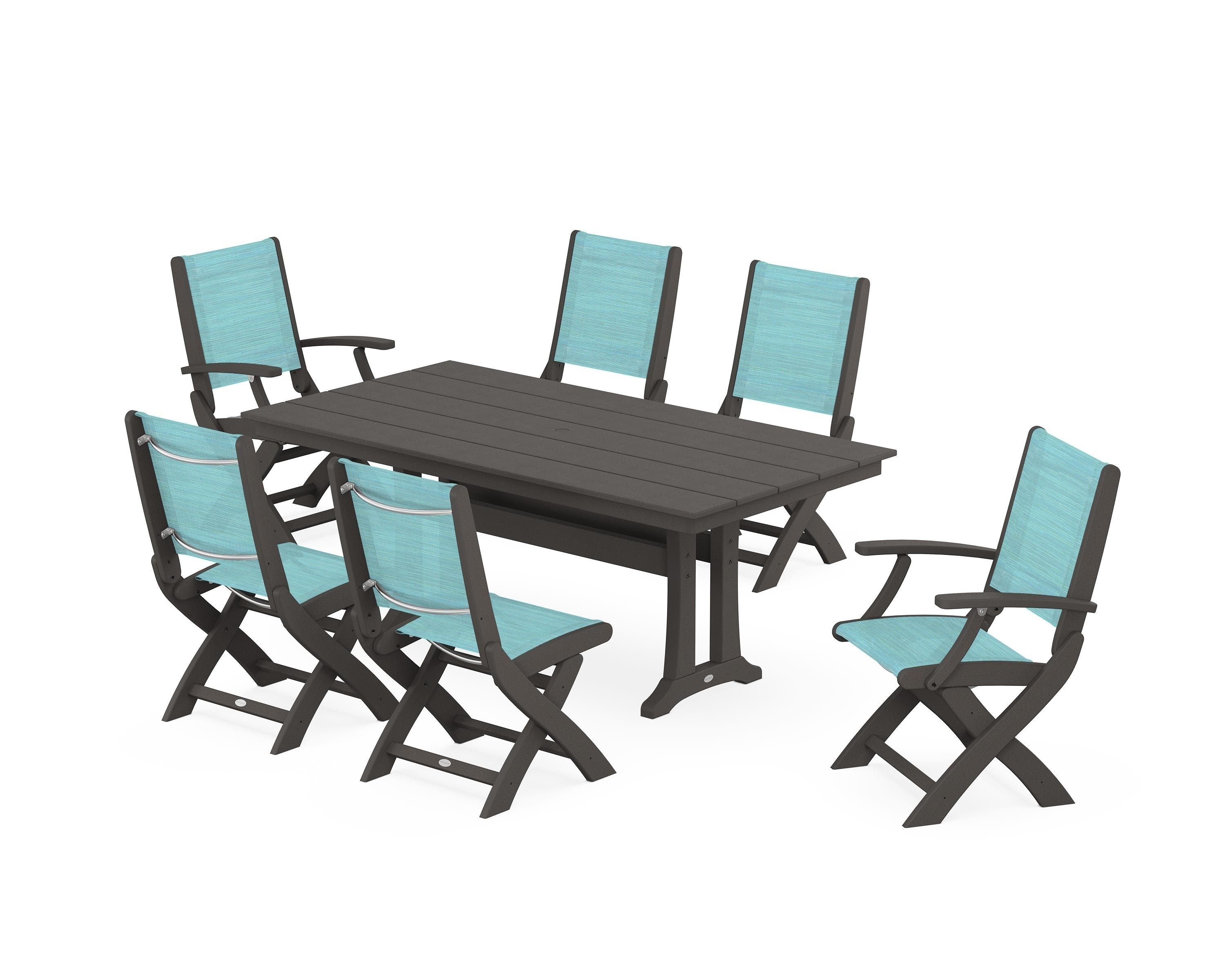 POLYWOOD Coastal Folding Chair 7-Piece Farmhouse Dining Set with Trestle Legs in Vintage Coffee / Dupioni Aquamarine Sling
