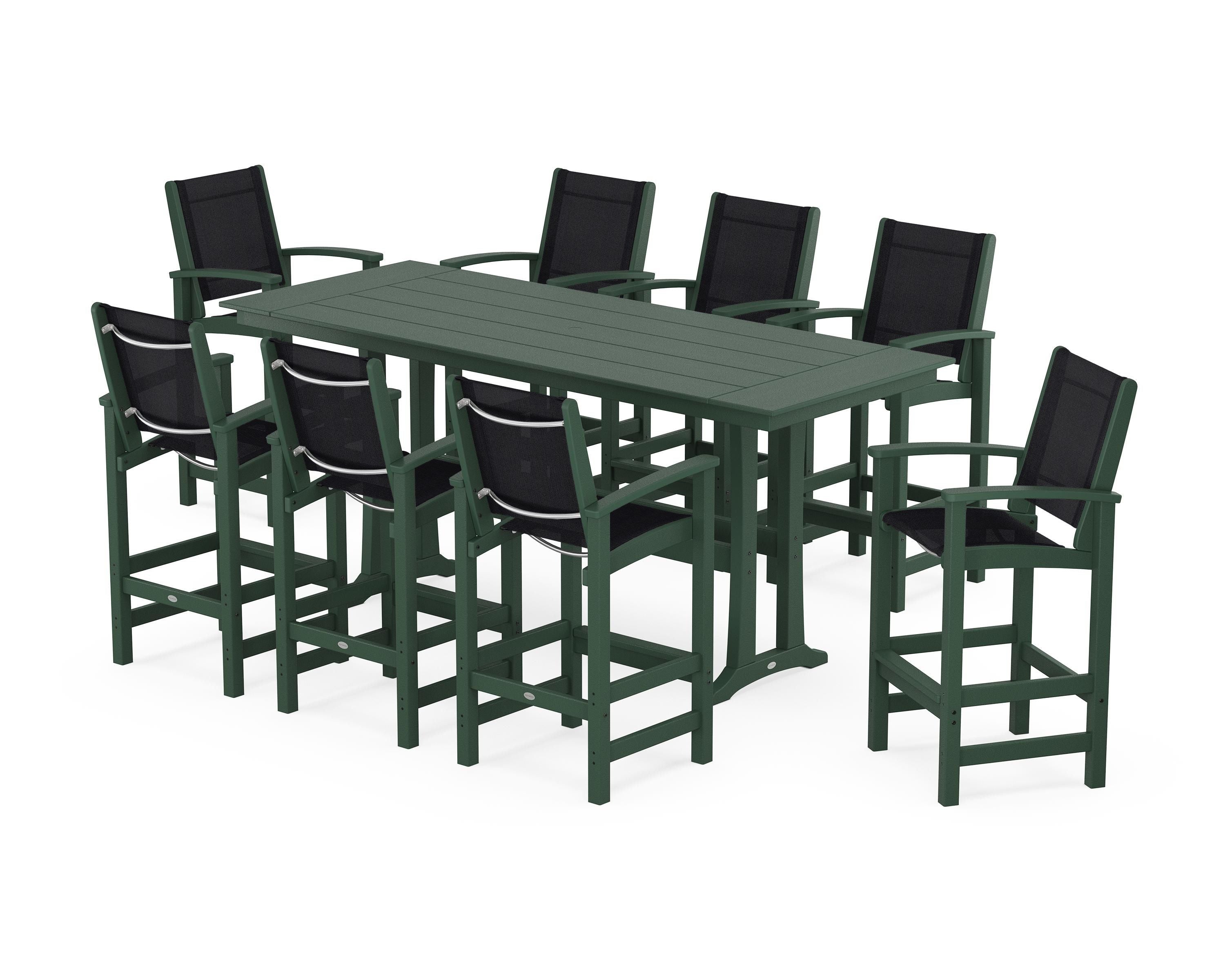 POLYWOOD Coastal 9-Piece Farmhouse Bar Set with Trestle Legs in Green / Black Sling